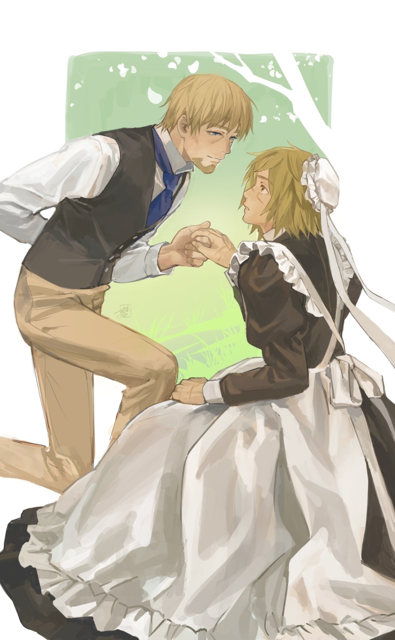 furehana, canute, thorfinn, vinland saga, 2boys, apron, blonde hair, blue eyes, brown eyes, contemporary, crossdressing, crossdressing (mtf), face-to-face, facial scar, formal clothes, frilled apron, frills, holding hands, kneeling, looking at another, maid, maid apron, maid headdress, male focus, multiple boys, multiple scars, necktie, scar, scar on cheek, scar on face, scar on hand, scar on nose, shirt, tree, vest, white shirt, yaoi