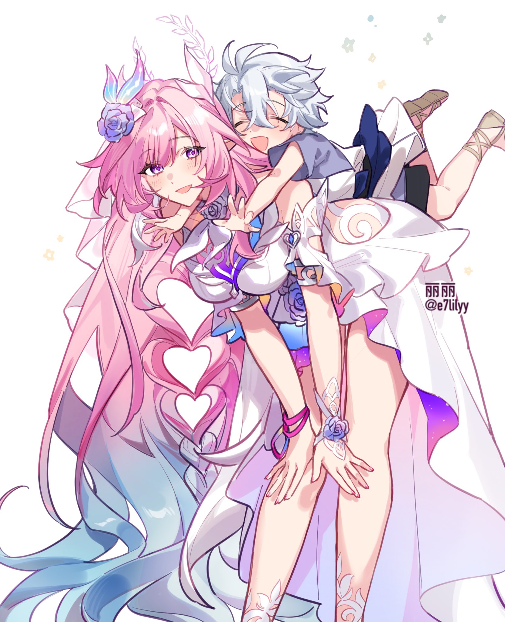 alkalilyy, cyrene (honkai: star rail), phainon (a dream scented in wheat) (honkai: star rail), phainon (honkai: star rail), honkai: star rail, honkai (series), commentary, english commentary, highres, 1boy, 1girl, aged down, ahoge, bent over, blue shirt, breasts, bridal veil, cyrene (ripples of past reverie) (honkai: star rail), diamond-shaped pupils, diamond (shape), dress, flower, hair flower, hair ornament, long hair, medium breasts, pink hair, pointy ears, purple eyes, sandals, shirt, short hair, simple background, smile, symbol-shaped pupils, thighs, veil, very long hair, white background, white dress, white hair