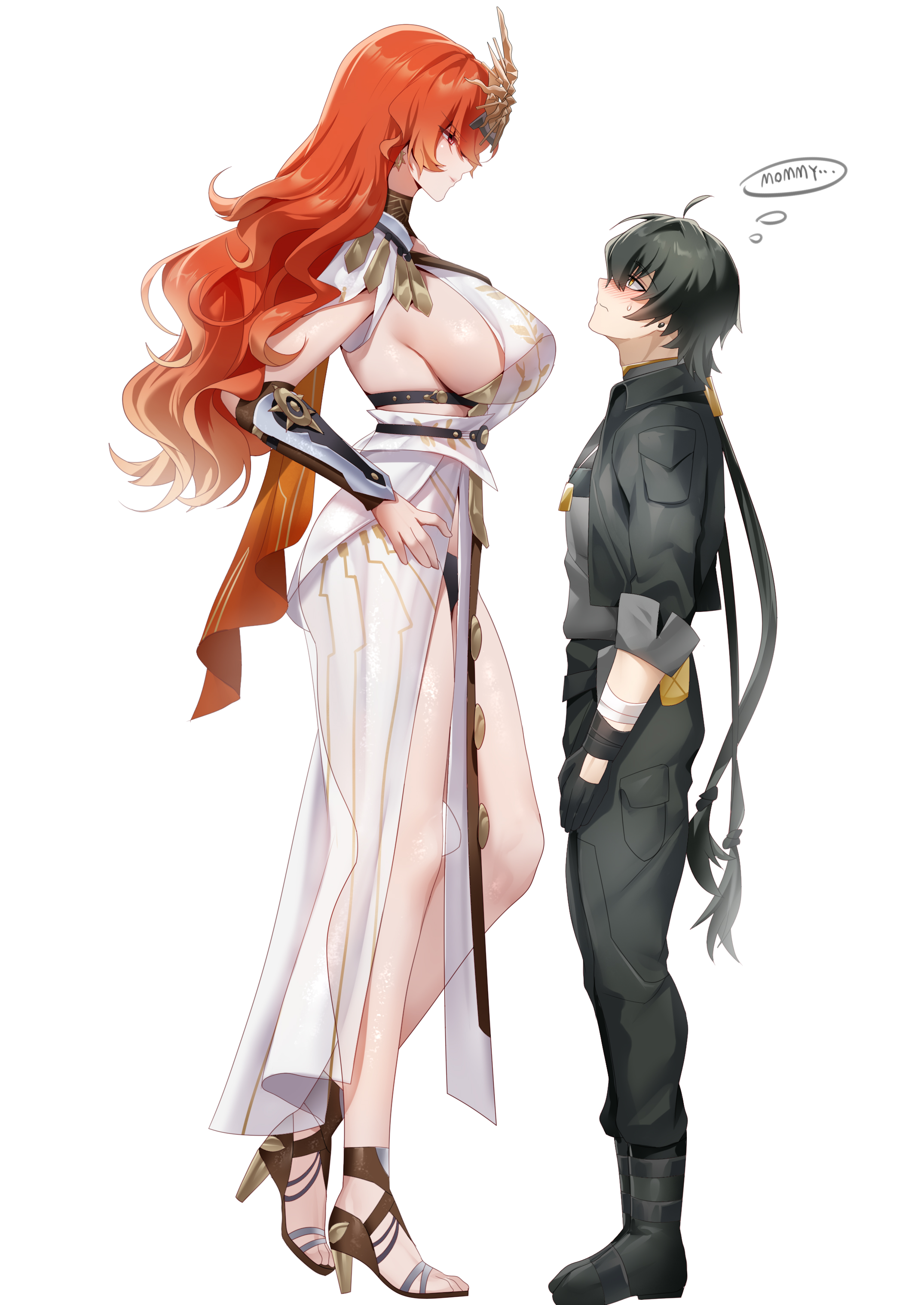 rourou (been), augusta (wuthering waves), male rover (wuthering waves), rover (wuthering waves), wuthering waves, absurdres, commentary, english commentary, highres, 1boy, 1girl, ancient greek clothes, arm armor, armor, bare legs, black collar, black gloves, black hair, black jacket, black pants, blush, breastplate, breasts, closed mouth, collar, earrings, eye contact, gloves, greco-roman clothes, hand on own hip, headgear, height difference, high heels, jacket, jewelry, large breasts, legs, long hair, looking at another, orange hair, pants, red eyes, sandals, sideboob, sun earrings, sweatdrop