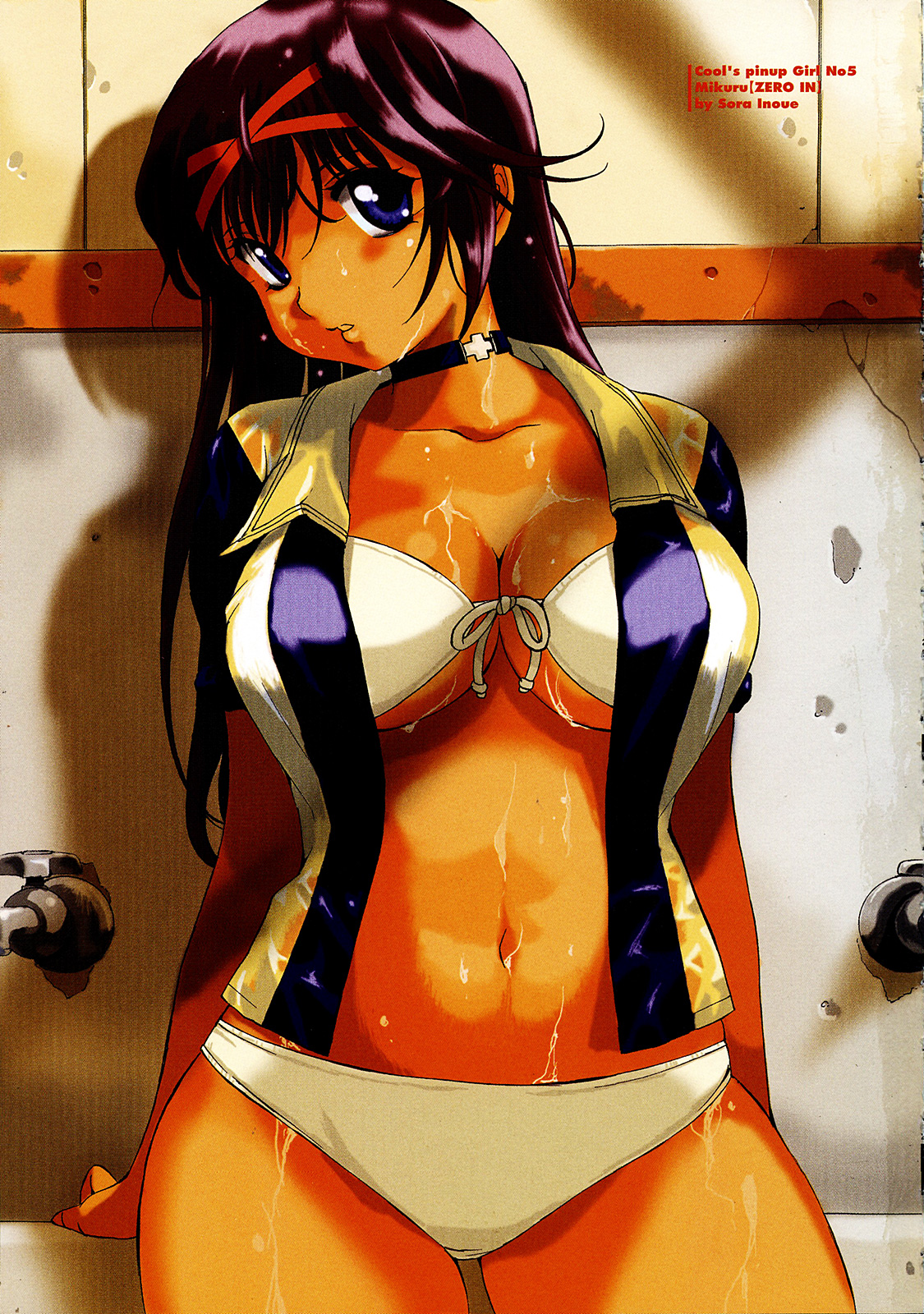 inoue sora, nazume mikuru, zero in, highres, bikini, breasts, choker, cleavage, curvy, dark skin, huge breasts, purple hair, sweat, swimsuit, tan