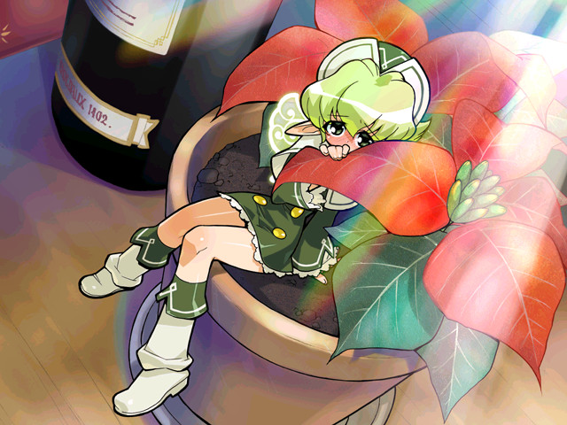 akatsuki gomoku, leaf (kerokero kingdom), panic!! kerokero kingdom, game cg, 1girl, arm support, blush, boots, bottle, buttons, capelet, cup, dress, dutch angle, fairy, female focus, flower, from above, full body, green eyes, green hair, green theme, hat, hiding, in container, in cup, knee boots, lace, leaf, light rays, long pointy ears, long sleeves, matching hair/eyes, mini person, mini wings, minigirl, nose blush, plant, pointy ears, potted plant, raised eyebrows, short dress, short hair, shy, sitting, solo, sunbeam, sunlight, wings