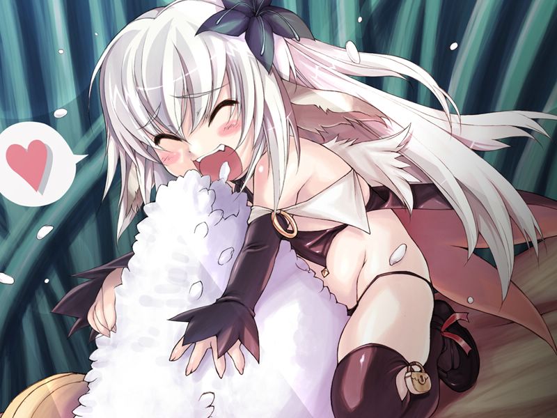 wazakita, ww&f ~the world of water and a fairy~, game cg, 1girl, ^ ^, closed eyes, female focus, food, heart, hug, long hair, mini person, minigirl, onigiri, open mouth, rice, solo, spoken heart, thighhighs, white hair