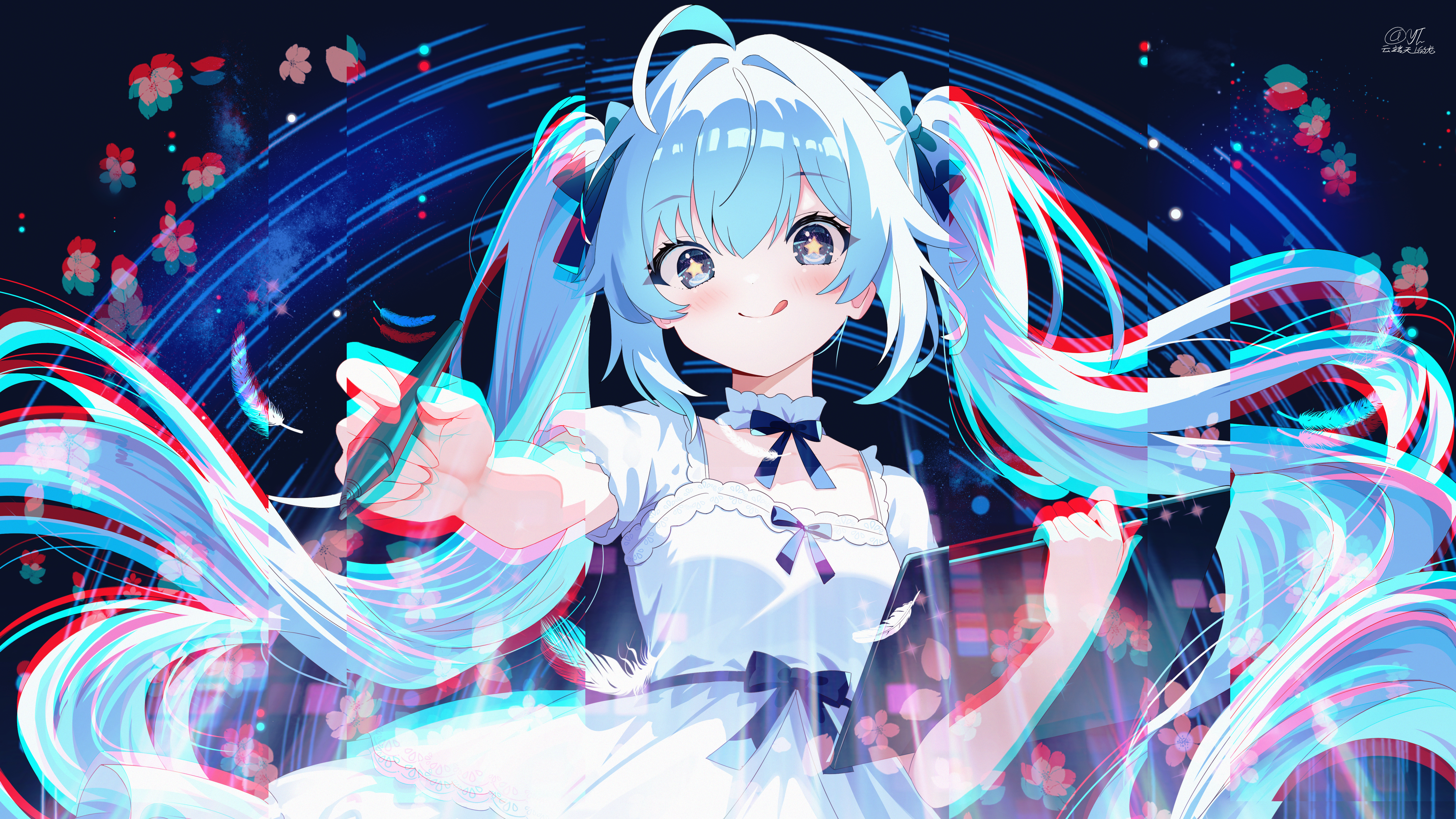 yunduan tianshang de long yt, original, absurdres, highres, 1girl, :q, ahoge, blue bow, blue eyes, blue hair, blush, bow, choker, chromatic aberration, closed mouth, drawing tablet, dress, feathers, frills, hair between eyes, hair bow, holding, holding stylus, long hair, looking at viewer, puffy short sleeves, puffy sleeves, short sleeves, smile, solo, star-shaped pupils, star (symbol), stylus, symbol-shaped pupils, tablet pc, tongue, tongue out, twintails, white dress