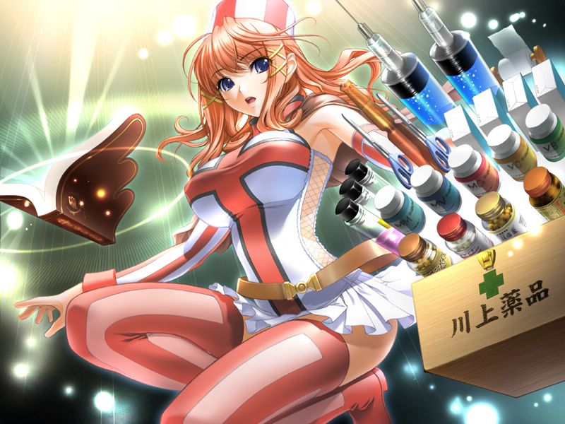 sano toshihide, monnbrun, 7 online, shichinin no online gamers, game cg, 1girl, armpits, belt, blue eyes, book, boots, breasts, cape, detached sleeves, fantasy, female focus, fishnets, glowing, hair ornament, hairclip, hat, kneeling, large breasts, legs, long hair, magic, nurse, open mouth, orange hair, pleated skirt, red hair, red theme, red thighhighs, scissors, skirt, solo, sparkle, striped clothes, striped thighhighs, syringe, thigh boots, thighhighs, thighs, vertical-striped clothes, vertical-striped thighhighs