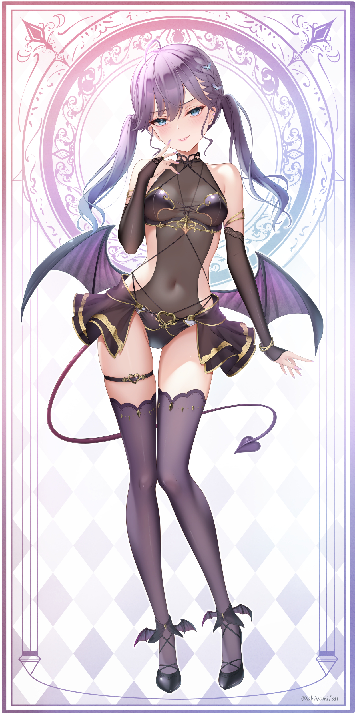 akiyomi, kaya rinha, gakuen idolmaster, idolmaster, absurdres, highres, 1girl, bare shoulders, black leotard, black thighhighs, blue eyes, blush, breasts, covered navel, demon girl, demon tail, demon wings, elbow gloves, full body, gloves, leotard, long hair, looking at viewer, medium breasts, purple hair, smile, solo, tail, thigh strap, thighhighs, twintails, wings