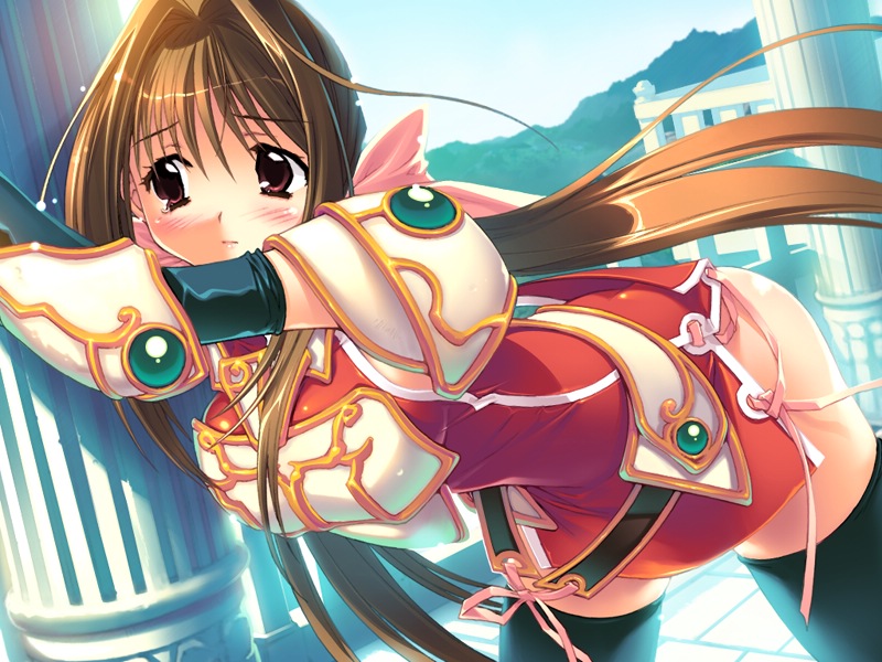 kadoi aya, saimon tamaki, elf all-stars datsuijan, elf all-stars datsuijan 3, kakyuusei (series), kakyuusei 2, game cg, 1girl, aqua background, armor, armored dress, bent over, black thighhighs, blush, brown eyes, brown hair, dress, female focus, hair intakes, leaning, long hair, red skirt, ribbon, skin tight, skirt, solo, thighhighs