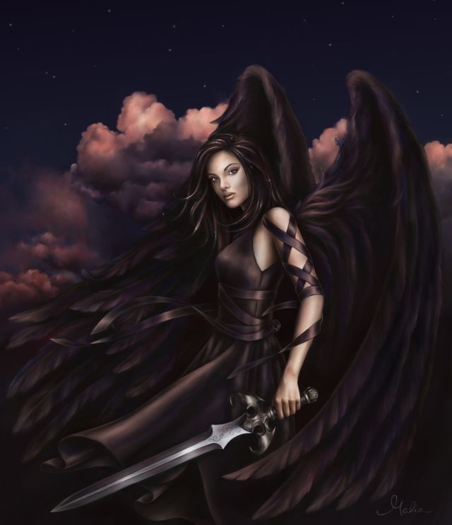 1girl, angel, black theme, black wings, dark, dress, female focus, from side, holding, holding sword, holding weapon, sky, solo, star (sky), starry sky, sword, weapon, wings