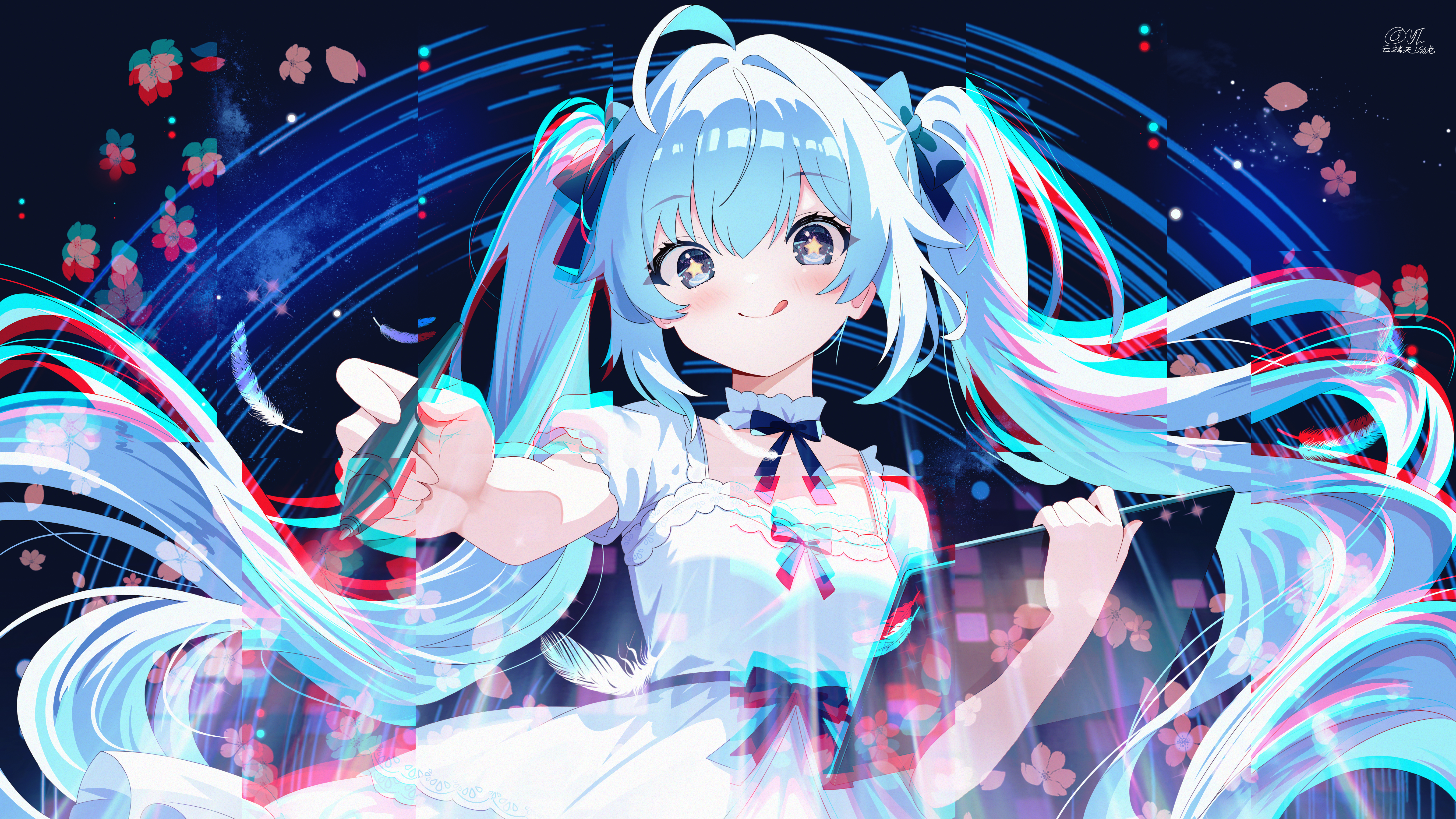yunduan tianshang de long yt, original, absurdres, highres, 1girl, :q, ahoge, blue bow, blue eyes, blue hair, blush, bow, choker, chromatic aberration, closed mouth, drawing tablet, dress, feathers, frills, hair between eyes, hair bow, holding, holding stylus, long hair, looking at viewer, puffy short sleeves, puffy sleeves, short sleeves, smile, solo, star-shaped pupils, star (symbol), stylus, symbol-shaped pupils, tablet pc, tongue, tongue out, twintails, white dress