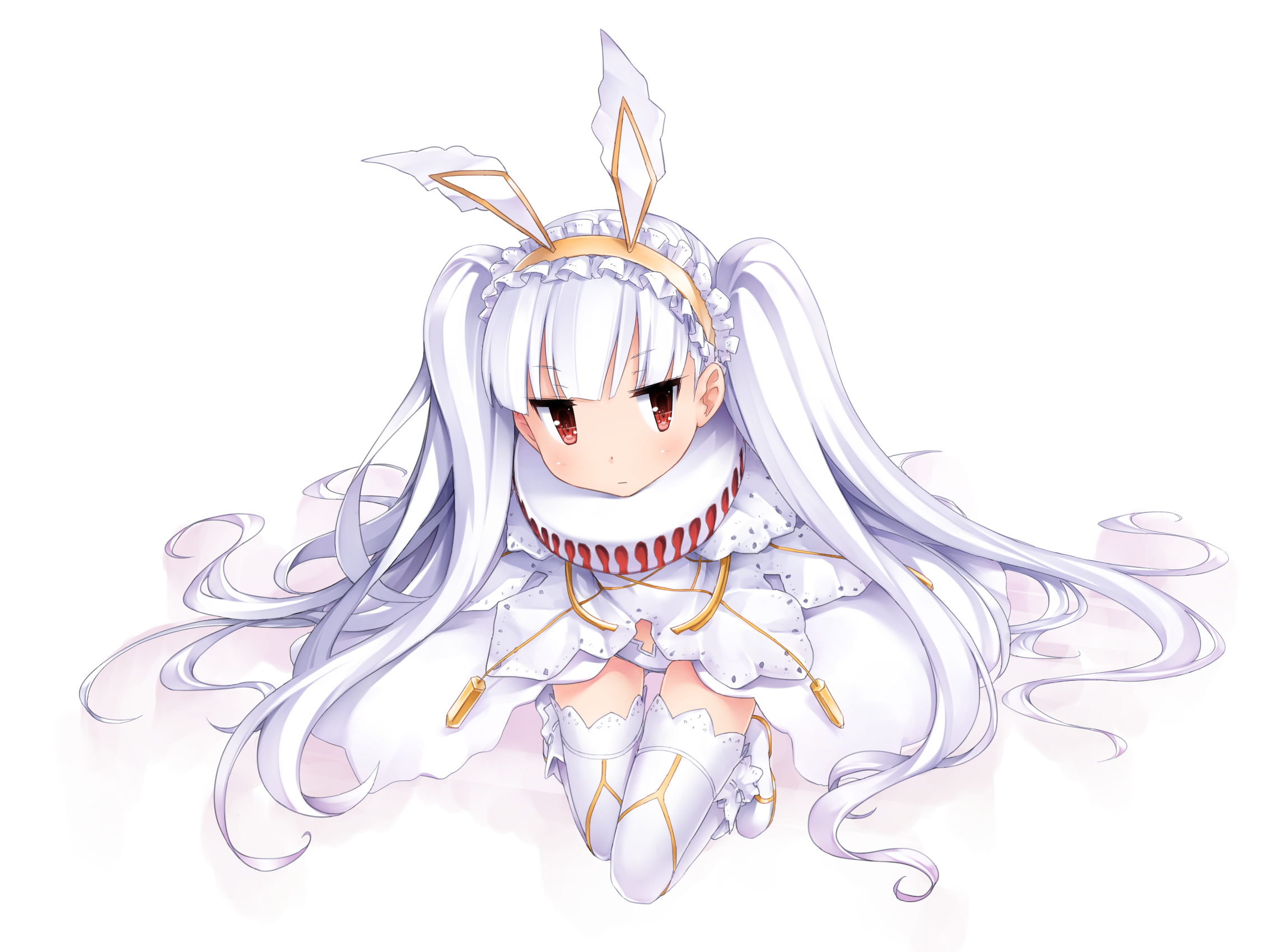 moegi nenene, uasaha, kai-ri-sei million arthur, million arthur (series), highres, 1girl, animal ear hairband, animal ears, dress, fake animal ears, frilled hairband, frills, from above, gold hairband, hairband, long hair, neck ruff, panties, rabbit ear hairband, rabbit ears, red eyes, shoes, solo, thighhighs, twintails, underwear, very long hair, white dress, white hair, white panties, white shoes, white thighhighs