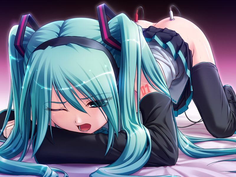 abe shihyakku, hatsune miku, vocaloid, 1girl, all fours, aqua eyes, aqua hair, bent over, black boots, black thighhighs, boots, cable, clothes lift, detached sleeves, female focus, headphones, long hair, no panties, open mouth, skirt, skirt lift, solo, tattoo, thighhighs, top-down bottom-up, twintails, very long hair, wince