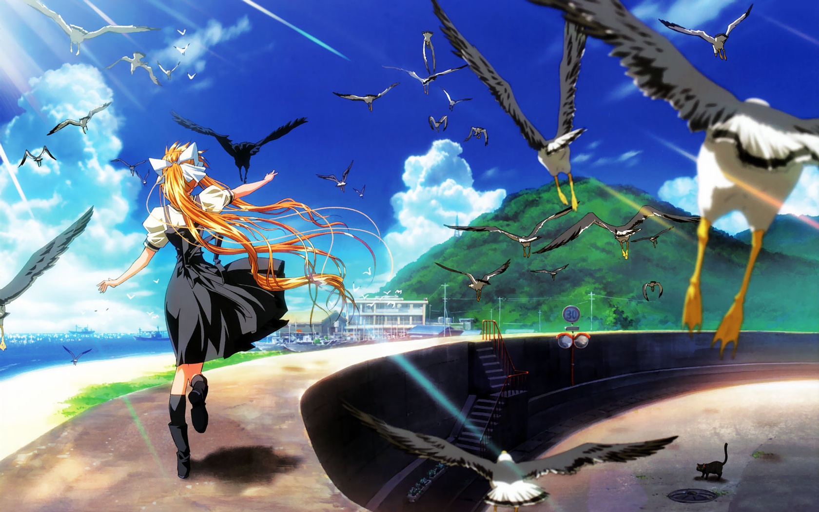 aratani tomoe, kamio misuzu, sora (air), air (visual novel), highres, 00s, 1girl, bird, blonde hair, cat, crow, day, dress, female focus, landscape, long hair, ocean, scenery, school uniform, seagull, serafuku, solo, train, very long hair, wind