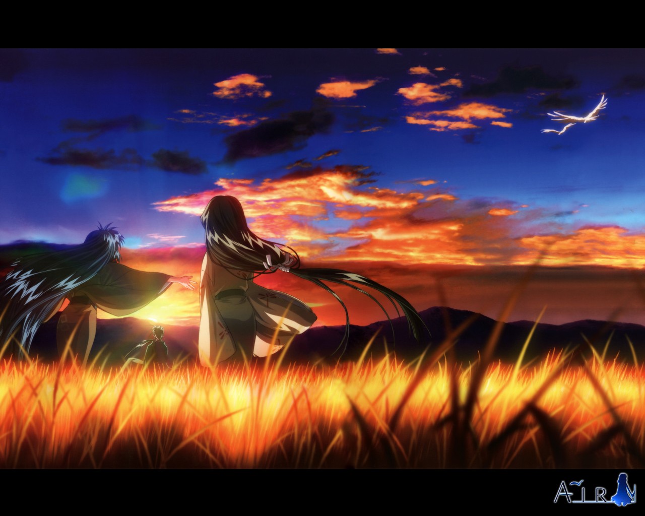 aratani tomoe, uraha, kannabi no mikoto, ryuuya, uraha (air), air (visual novel), 00s, 1boy, 2girls, hair ribbon, japanese clothes, kimono, letterboxed, multiple girls, ribbon, sunset