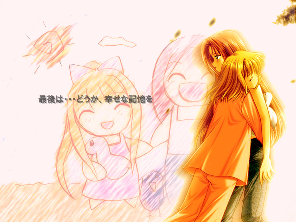 kamio haruko, kamio misuzu, air (visual novel), 00s, 2girls, :d, ^ ^, blonde hair, blush, child, closed eyes, cowboy shot, from side, hug, jacket, long sleeves, multiple girls, open mouth, pants, profile, simple background, smile, white background, white jacket