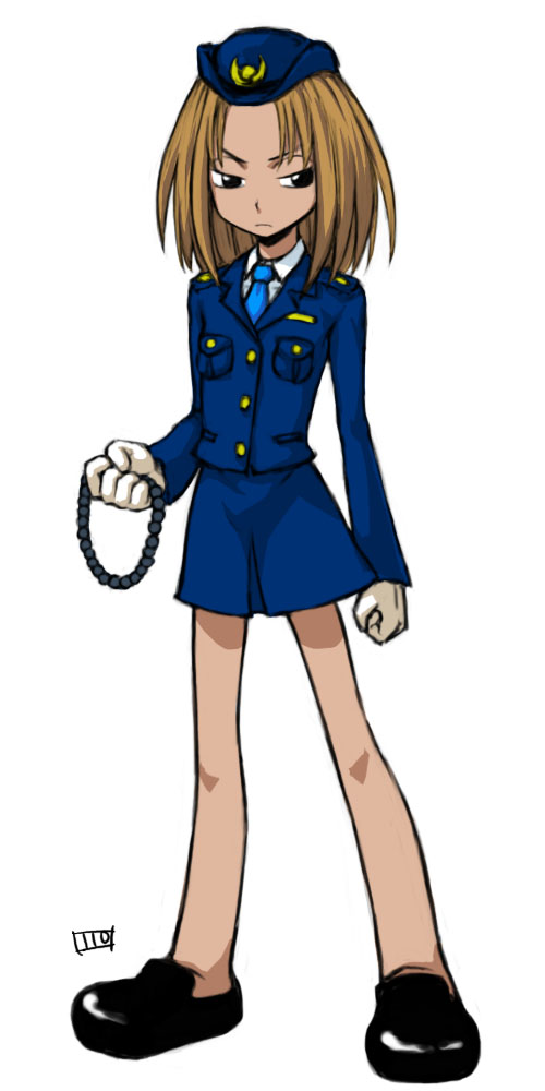 itou yuuji, kyouyama anna, shaman king, black eyes, blonde hair, frown, gloves, hat, necktie, police, police uniform, policewoman, shoes, skirt, solo, white gloves