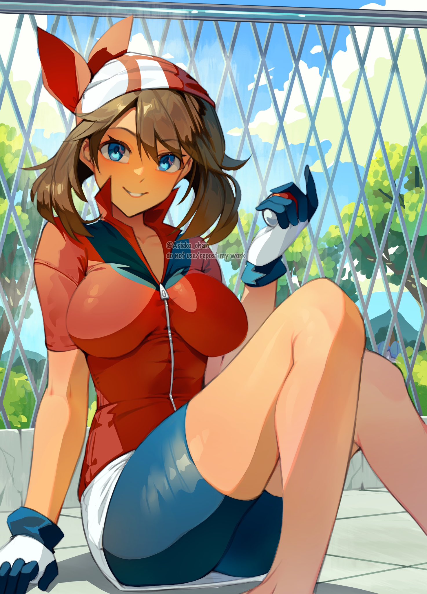 ariekochan, may (pokemon), nintendo, pokemon, pokemon rse, highres, 1girl, bandana, bike shorts, bike shorts under shorts, blue eyes, blue sky, blush, breasts, brown hair, cloud, collarbone, fence, gloves, holding, holding poke ball, large breasts, looking at viewer, medium hair, outdoors, parted lips, poke ball, poke ball (basic), red bandana, red shirt, shirt, shorts, shorts under shorts, sky, smile, solo, tree, white gloves