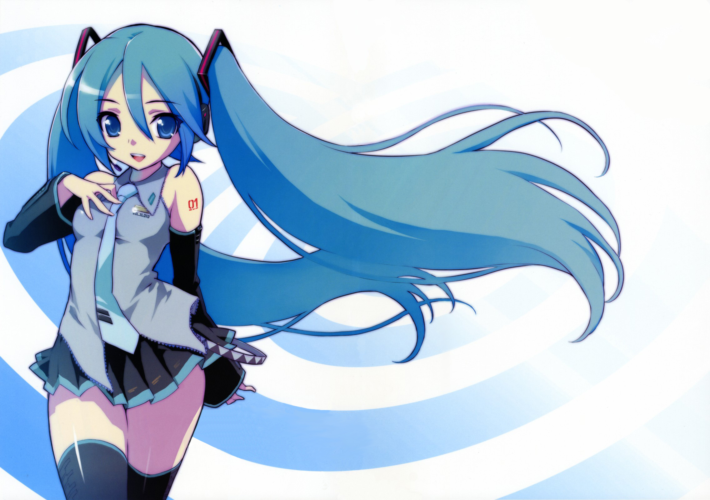 menkuria, hatsune miku, vocaloid, highres, 1girl, arm behind back, black thighhighs, blue background, blue hair, female focus, fingernails, hair between eyes, hand on another's chest, hand on own chest, long fingernails, long hair, solo, thighhighs, twintails, very long hair, wind, zettai ryouiki