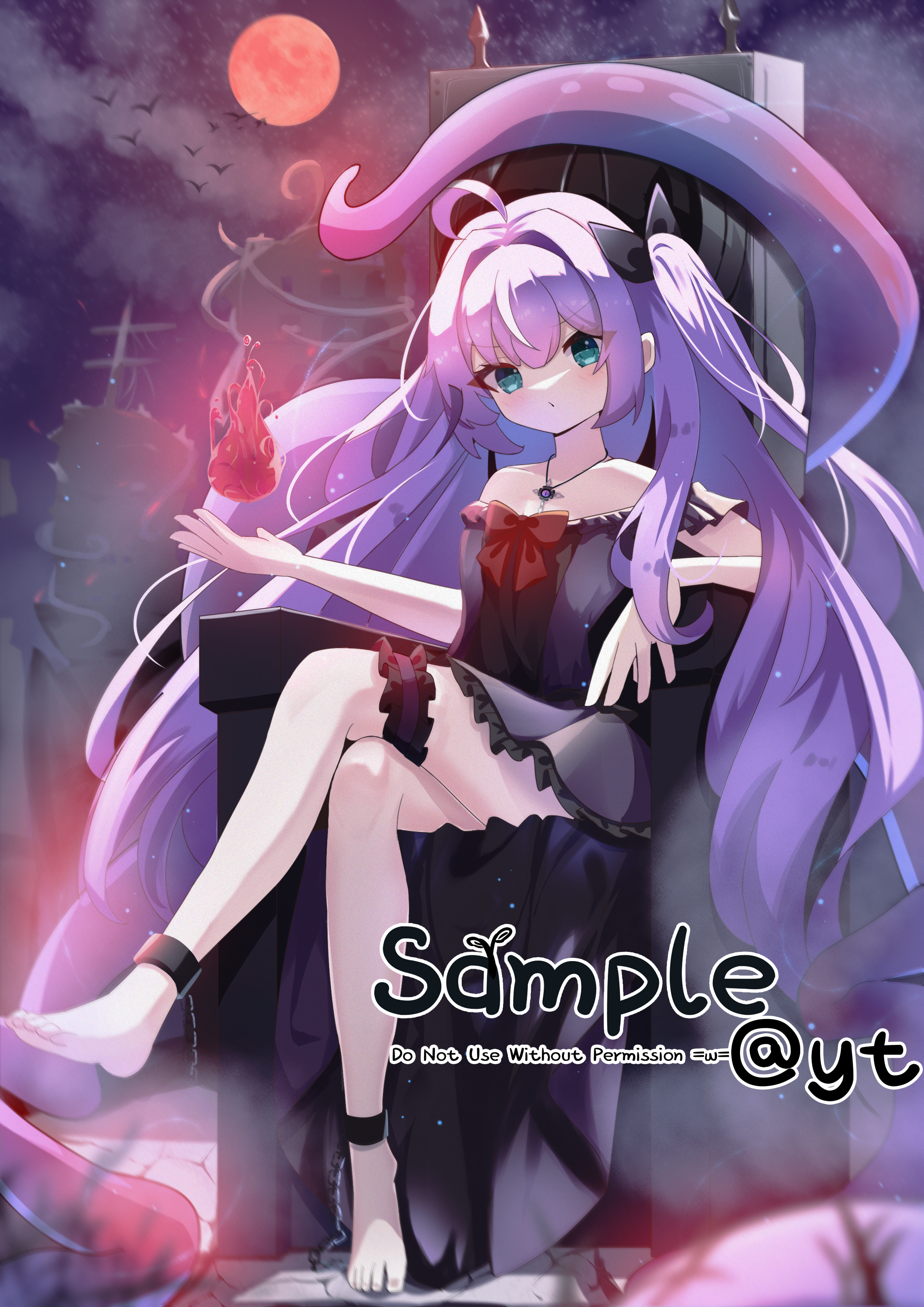 yunduan tianshang de long yt, original, absurdres, highres, 1girl, ahoge, bare shoulders, barefoot, black dress, black ribbon, bow, breasts, closed mouth, crossed legs, dress, feet, fire, foot out of frame, frilled dress, frills, green eyes, hair between eyes, jewelry, long hair, looking at viewer, off shoulder, purple hair, red bow, ribbon, sample watermark, sitting, small breasts, soles, solo, tentacles, throne, very long hair, watermark