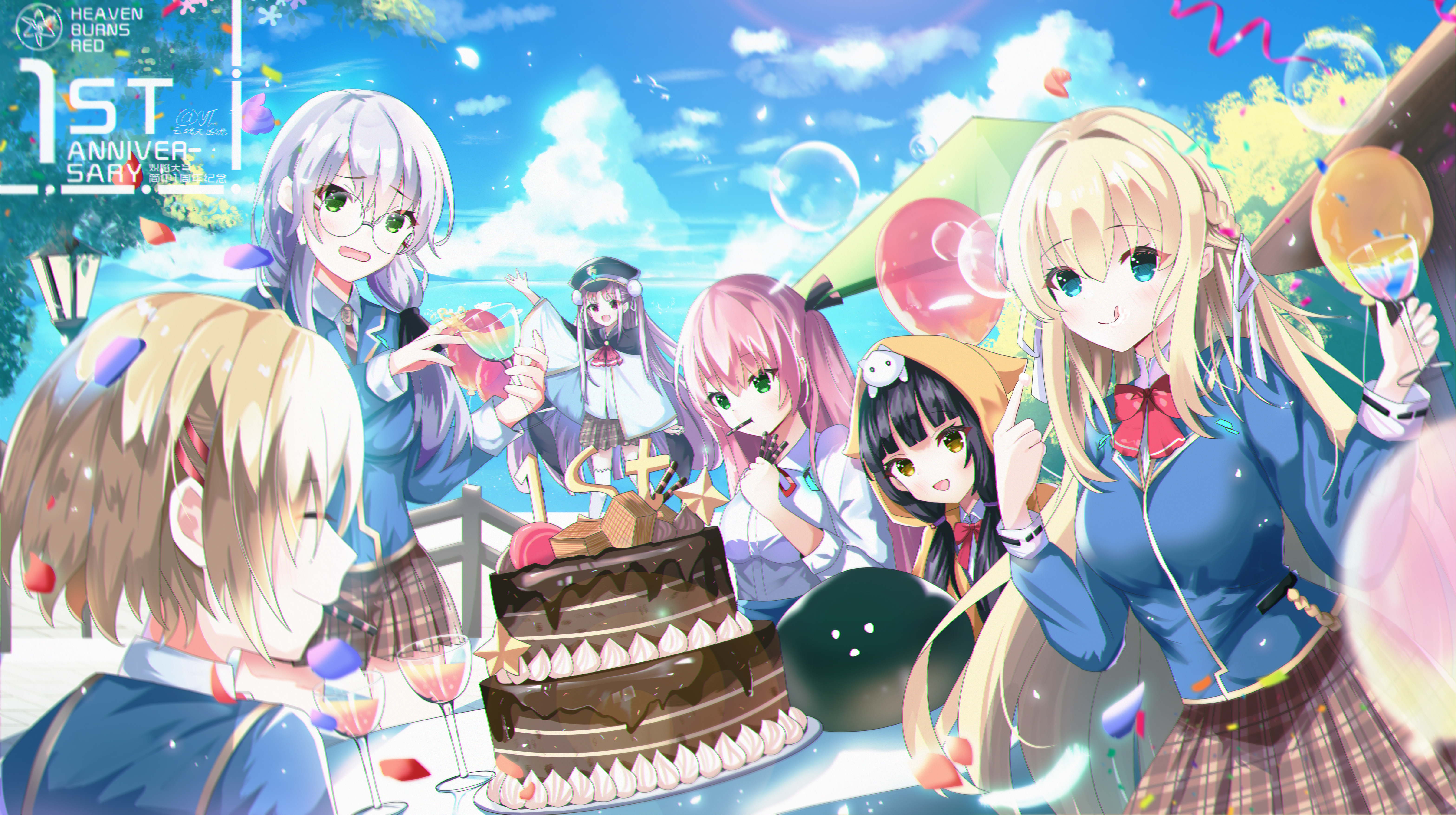 yunduan tianshang de long yt, aikawa megumi, asakura karen (heaven burns red), izumi yuki (heaven burns red), kayamori ruka, kunimi tama, toujou tsukasa, heaven burns red, absurdres, highres, 5girls, animal, animal on head, black hair, blonde hair, blue eyes, blue jacket, blue sky, bow, cake, cup, day, drinking glass, food, green eyes, hood, jacket, long hair, low twintails, multiple girls, on head, open mouth, outdoors, pink hair, plaid clothes, plaid skirt, red bow, ribbon, school uniform, shirt, skirt, sky, smile, twintails, white shirt, wine glass, yellow eyes