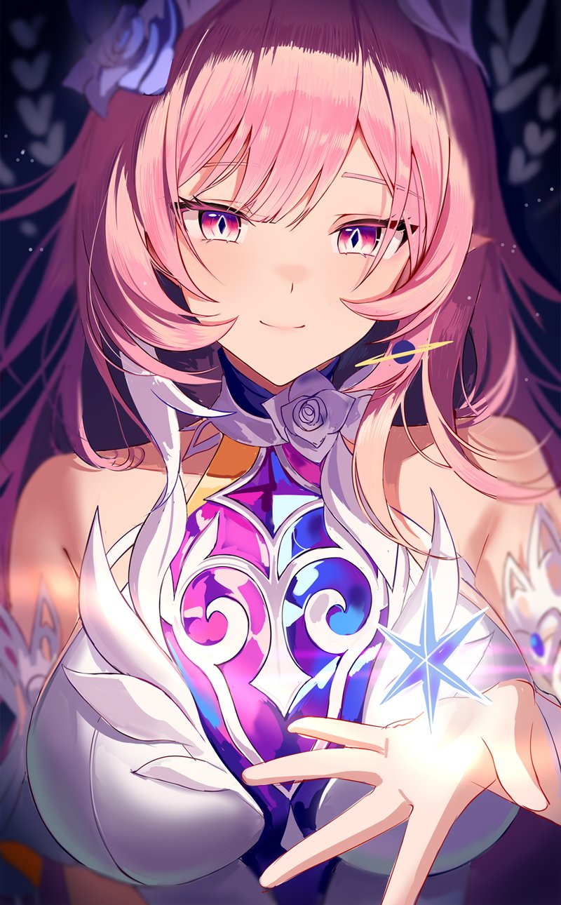 silence girl, cyrene (honkai: star rail), honkai: star rail, honkai (series), highres, 1girl, bare shoulders, breasts, closed mouth, crystal, cyrene (ripples of past reverie) (honkai: star rail), diamond-shaped pupils, diamond (shape), flower, hair flower, hair ornament, hand up, large breasts, long hair, looking at viewer, pink hair, pointy ears, purple eyes, purple flower, purple rose, rose, sidelocks, smile, solo, symbol-shaped pupils, upper body