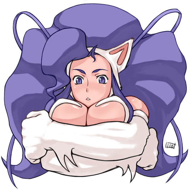itou yuuji, felicia (darkstalkers), capcom, darkstalkers, 1girl, ahoge, animal ears, animal hands, big hair, blue eyes, blue hair, body fur, breasts, breasts squeezed together, cat ears, cat girl, cleavage, crossed arms, female focus, hairband, huge ahoge, long hair, matching hair/eyes, simple background, slit pupils, solo