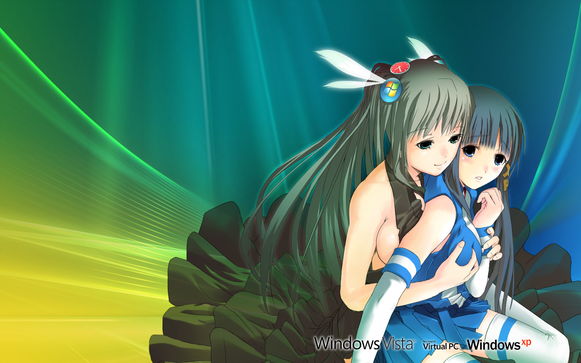 vista-tan, xp-tan, xphome, os-tan, highres, 2girls, blue eyes, blue hair, blue skirt, blush, breasts, dress, frills, from side, grabbing another's breast, green hair, grey eyes, grey hair, groping, hair ornament, long hair, multiple girls, no bra, sideboob, sitting, skirt, smile, thighhighs, white thighhighs, yuri, zettai ryouiki