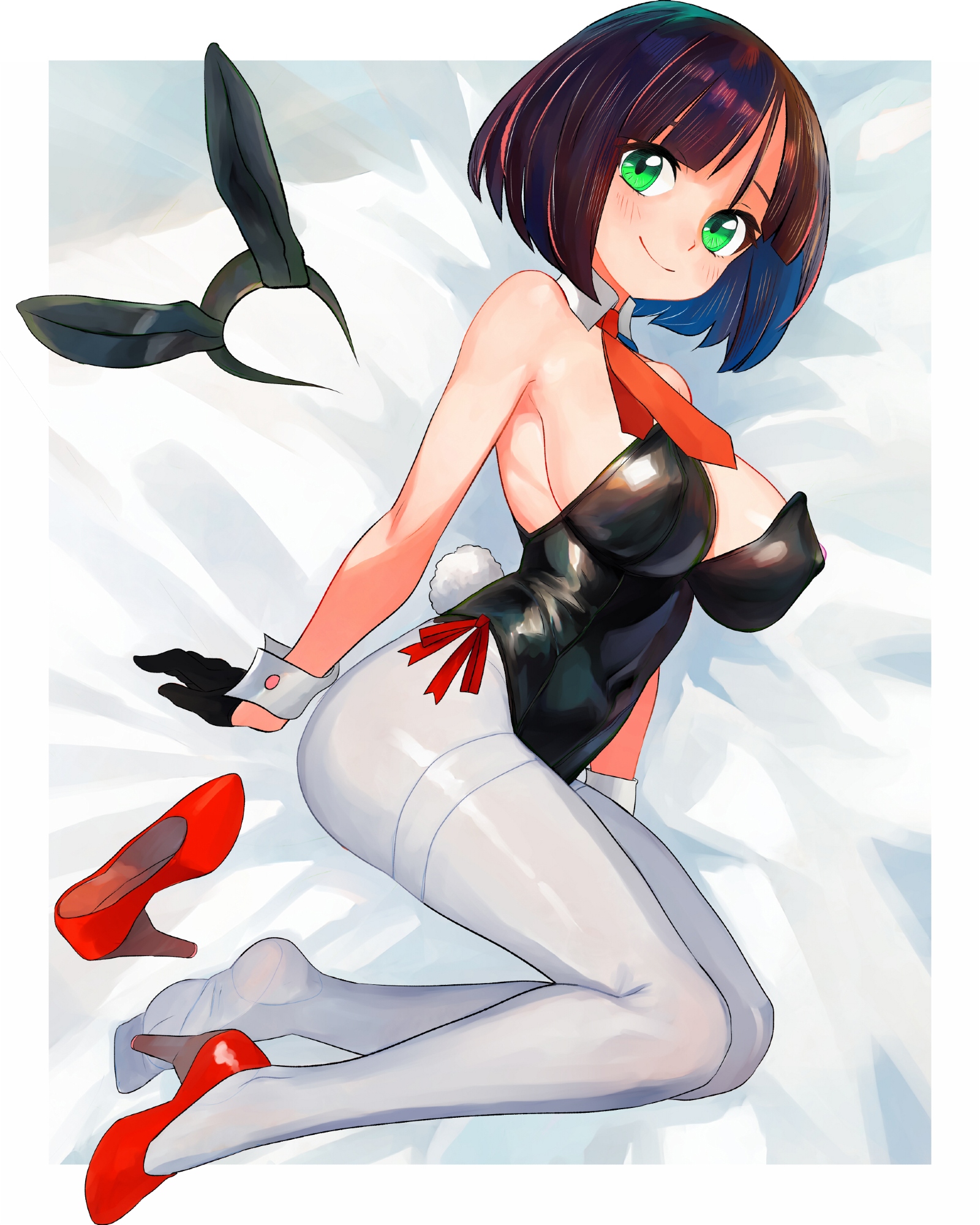 tsukiyono aroe, original, highres, 1girl, animal ears, blush, breasts, closed mouth, collar, eyebrows hidden by hair, fake animal ears, fake tail, from side, full body, gloves, green eyes, hairband, half gloves, high heels, large breasts, looking at viewer, necktie, pantyhose, rabbit ears, rabbit tail, red necktie, red shoes, shoes, short hair, sideboob, smile, soles, solo, stiletto heels, tail, unworn hairband, unworn shoes, white collar, white pantyhose, white wrist cuffs, wrist cuffs