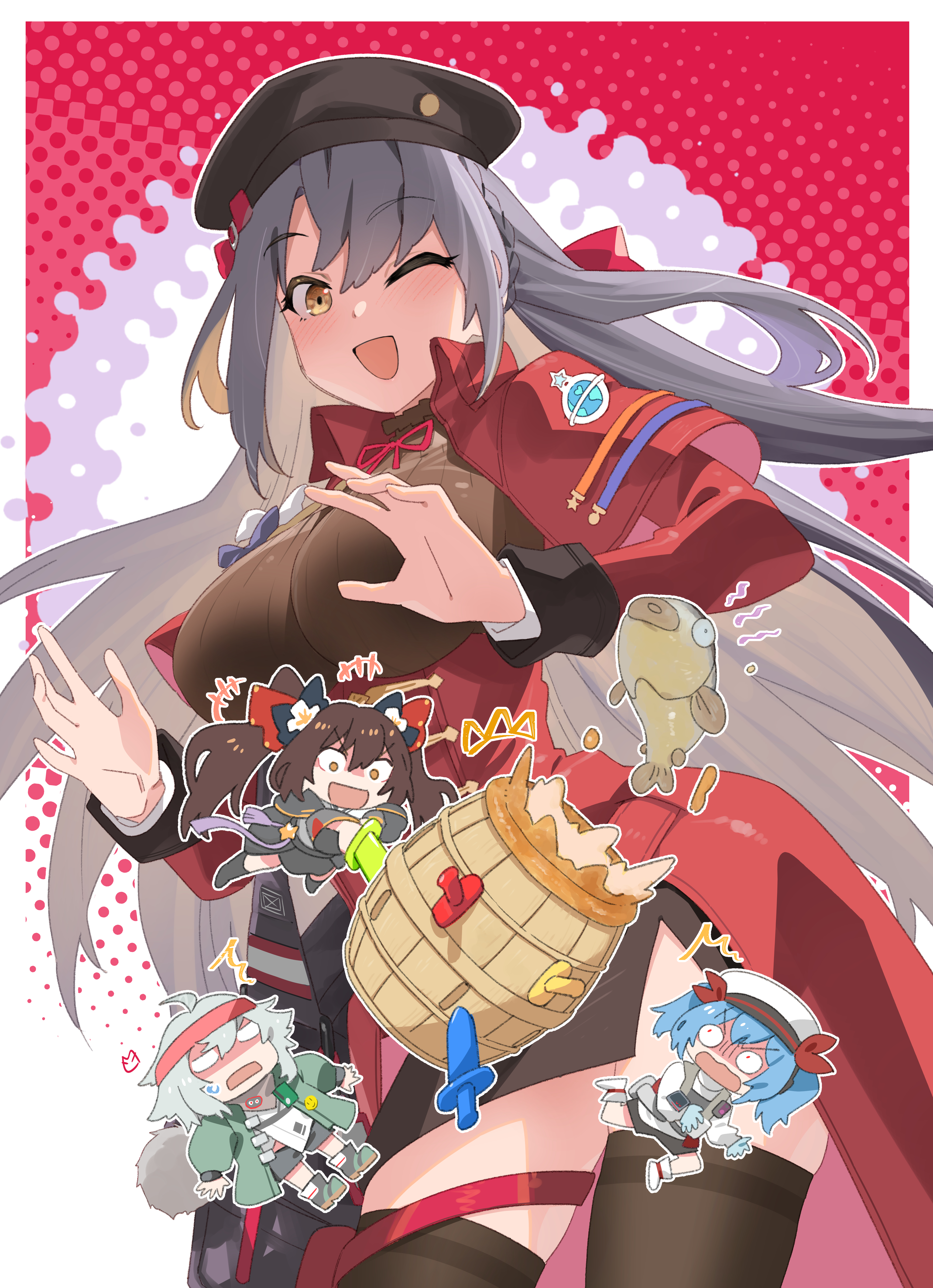 miharu (cgsky), colphne (girls' frontline 2), g11 (girls' frontline), jiangyu (girls' frontline 2), lewis (girls' frontline), mechty (girls' frontline 2), type 97 (girls' frontline), girls' frontline, girls' frontline 2: exilium, absurdres, chinese commentary, commentary request, highres, 4girls, ahoge, bandana, barrel, beret, black skirt, black thighhighs, blank eyes, blush, breasts, brown hair, brown hat, fish, hat, large breasts, long hair, multiple girls, one eye closed, open mouth, red background, red bandana, shaded face, short hair, short twintails, simple background, skirt, smile, thighhighs, twintails, white background, white hat