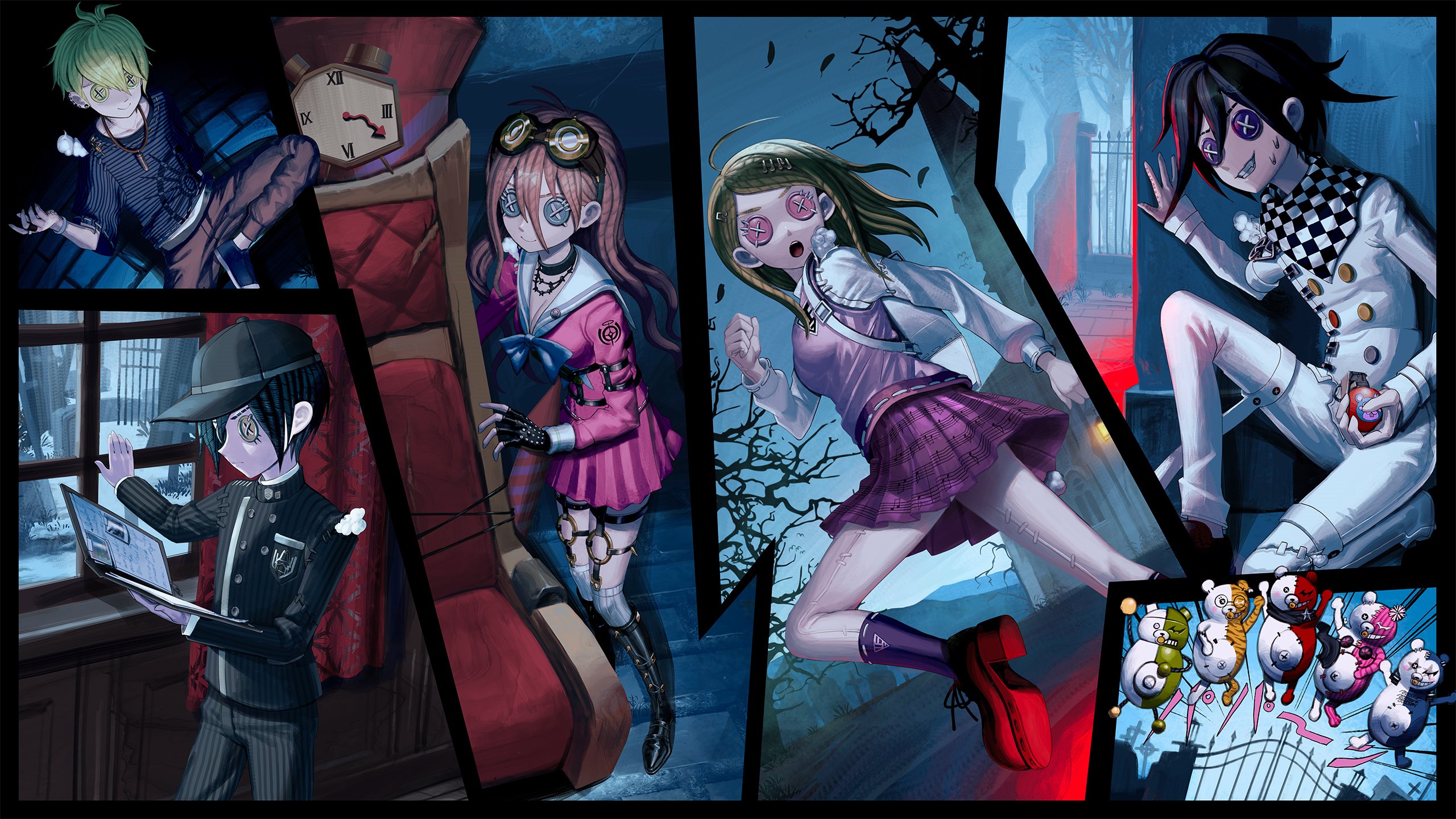 yu (stdio nameraka), akamatsu kaede, amami rantaro, iruma miu, monodam, monokid, monophanie, monosuke, monotaro (danganronpa), oma kokichi, saihara shuichi, danganronpa (series), danganronpa v3: killing harmony, identity v, highres, official art, second-party source, 2girls, 3boys, ahoge, antenna hair, bare tree, black hair, black hat, blonde hair, book, breasts, button eyes, buttons, checkered clothes, checkered scarf, cleavage, clock, crossover, ear piercing, explosive, eyelashes, fingerless gloves, flipped hair, fog, gate, gloves, goggles, goggles on head, green hair, grenade, grin, hair between eyes, hat, hiding, holding, holding book, holding grenade, jacket, library, long hair, long sleeves, looking at viewer, medium hair, multiple boys, multiple girls, night, open book, open mouth, piercing, pink serafuku, pleated skirt, purple hair, reading, running, sailor collar, scarf, school uniform, serafuku, shirt, short hair, sitting, skirt, smile, squatting, striped clothes, striped shirt, surprised, sweat, tree, window