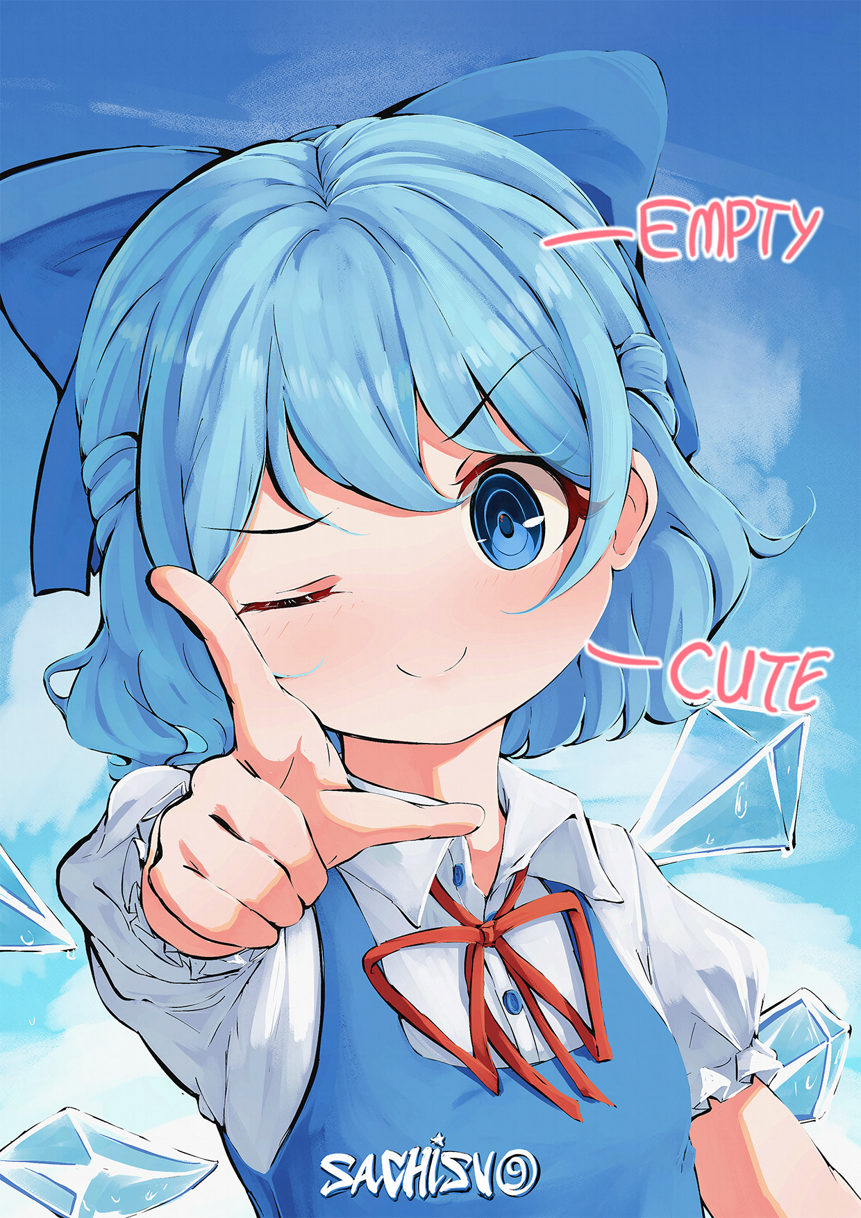 sachisudesu, cirno, touhou, highres, 1girl, blue bow, blue dress, blue eyes, blue hair, blush, bow, cirno day, detached wings, dress, fairy, fairy wings, ice, ice wings, looking at viewer, one eye closed, pinafore dress, pointing, pointing at viewer, puffy short sleeves, puffy sleeves, red ribbon, ribbon, short sleeves, signature, sleeveless, sleeveless dress, smile, solo, upper body, wings