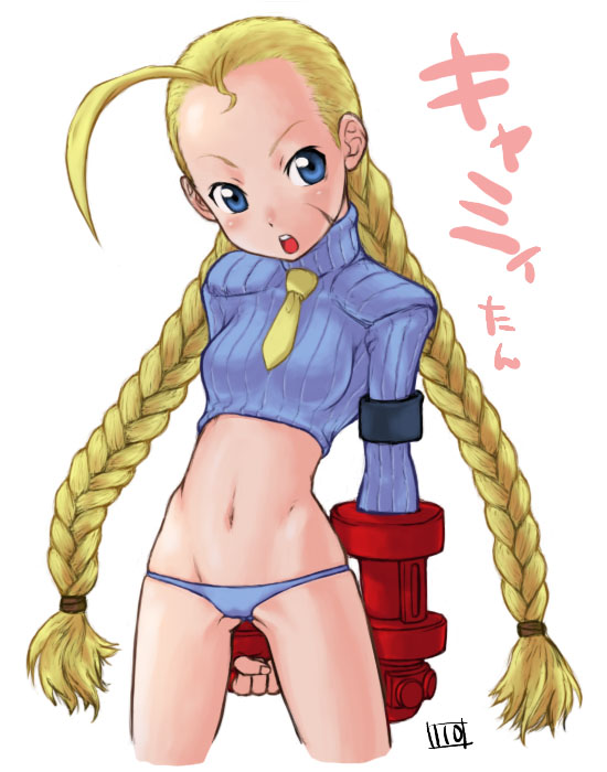 itou yuuji, cammy white, capcom, street fighter, street fighter zero (series), 1990s (style), 1girl, ahoge, antenna hair, blonde hair, blue eyes, blue panties, braid, breasts, female focus, huge ahoge, long hair, lowleg, lowleg panties, navel, necktie, open mouth, panties, petite, retro artstyle, scar, simple background, solo, twin braids, underwear, very long hair