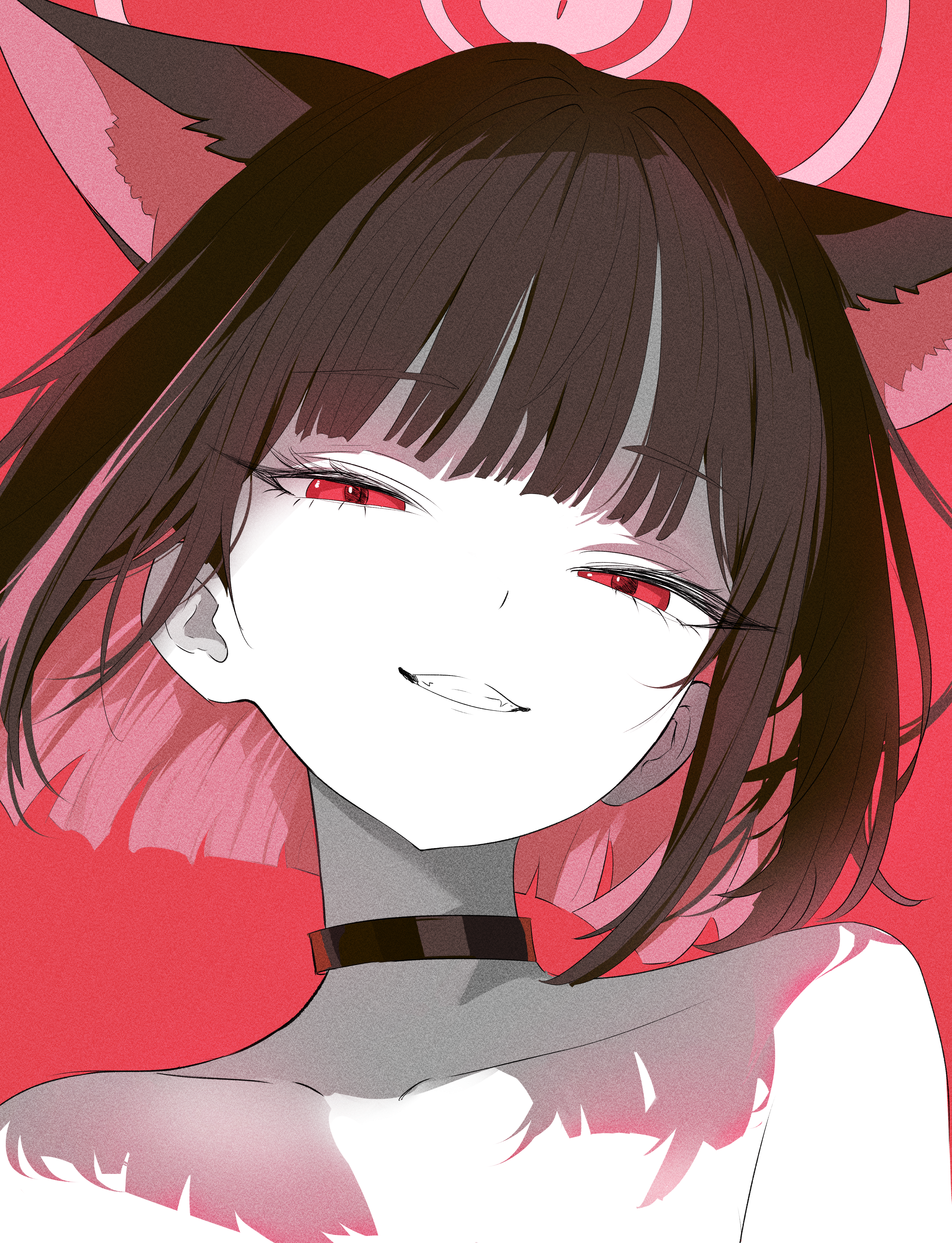 bubba62473394, kazusa (blue archive), blue archive, absurdres, commentary request, highres, 1girl, animal ears, black choker, black hair, blunt bangs, cat ears, cat girl, choker, collarbone, colored inner animal ears, colored inner hair, extra ears, grin, half-closed eyes, halo, long hair, multicolored hair, pink hair, pink halo, portrait, red background, red eyes, short hair, simple background, smile, solo, teeth