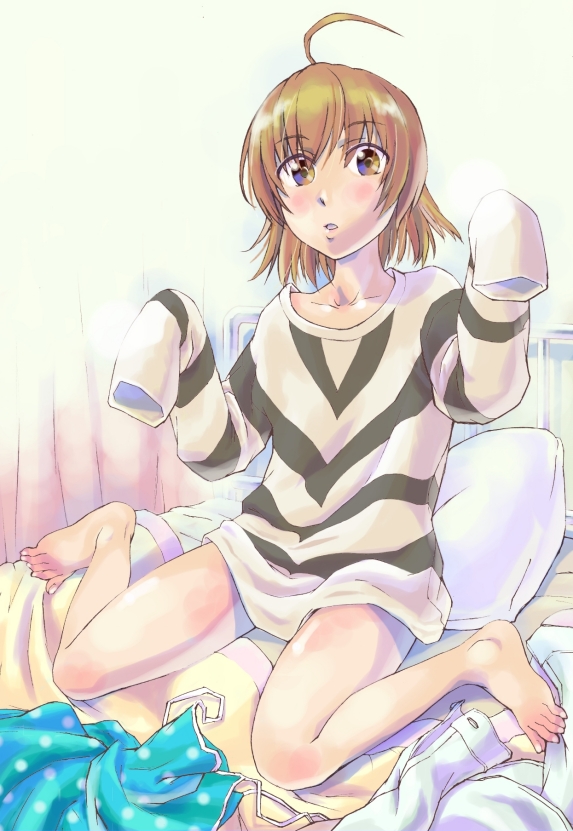 inomata mamoru, accelerator (toaru majutsu no index), last order (toaru majutsu no index), toaru majutsu no index, commentary request, partial commentary, 1girl, accelerator (toaru majutsu no index) (cosplay), ahoge, bare legs, barefoot, blanket, blue dress, blush, brown eyes, brown hair, collarbone, cosplay, diagonal-striped clothes, diagonal-striped shirt, dress, feet, grey shirt, hair between eyes, hands up, indoors, long sleeves, looking at viewer, medium hair, on bed, open mouth, oversized clothes, oversized shirt, pill, polka dot, polka dot dress, shirt, sitting, sleeveless, sleeveless dress, sleeves past fingers, sleeves past wrists, solo, striped clothes, striped shirt, thighs, toenails, unworn dress, unworn shirt, wariza, white polka dots, white shirt