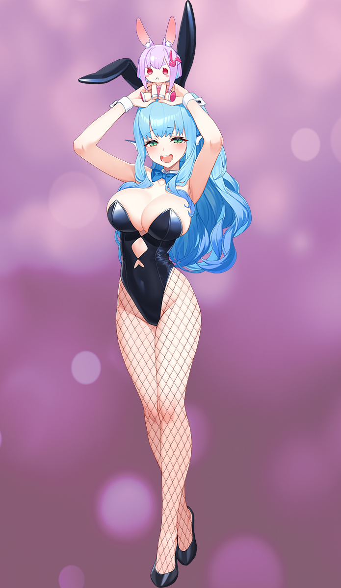 izumi sai, highres, official art, :d, animal ear hairband, animal ears, armpits, arms up, black leotard, blue bow, blue hair, blurry, blurry background, blush, bow, bowtie, breasts, bunny day, cleavage, collar, covered navel, detached collar, doll, fake animal ears, fishnet pantyhose, fishnets, full body, green eyes, hairband, half-closed eyes, high heels, highleg, highleg leotard, holding, holding doll, jingai kyoshitsu no ningen girai kyoshi, large breasts, leotard, long sidelocks, looking at viewer, minazuki kyoka, open mouth, pantyhose, playboy bunny, rabbit ear hairband, rabbit ears, shoes, sidelocks, smile, standing, strapless, strapless leotard, tachi-e, teeth, wavy hair, white collar, white wrist cuffs, wrist cuffs