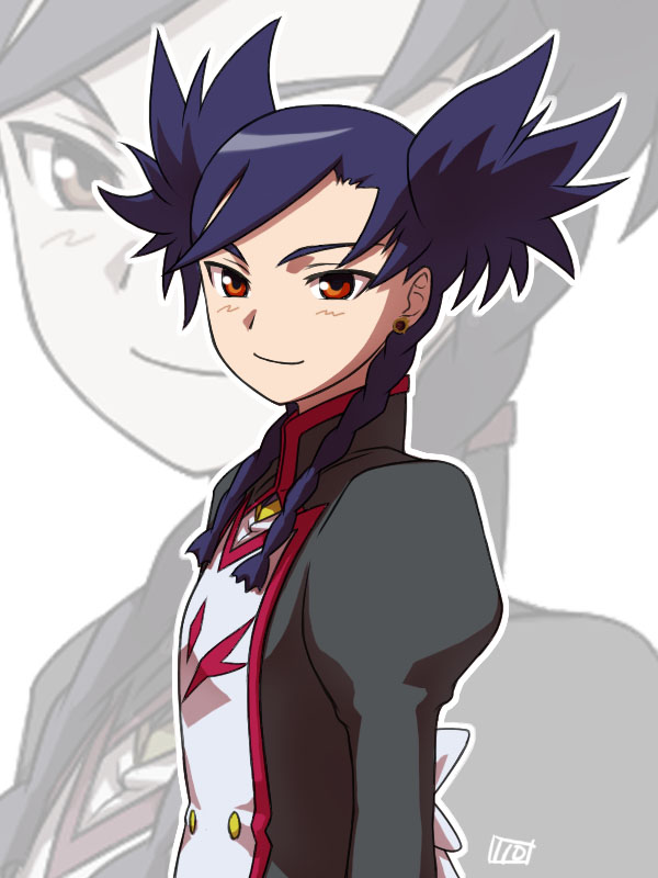 itou yuuji, nina wang, my-otome, uniform, 00s, 1girl, androgynous, arms at sides, female focus, juliet sleeves, long sleeves, puffy long sleeves, puffy sleeves, purple hair, red eyes, short hair, simple background, smirk, solo, twintails, white background, zoom layer