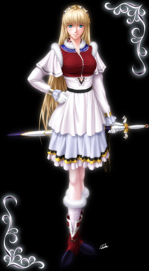 takatan, sharon (words worth), words worth, 1girl, blonde hair, blue eyes, boots, female focus, gloves, long hair, solo, sword, very long hair, weapon