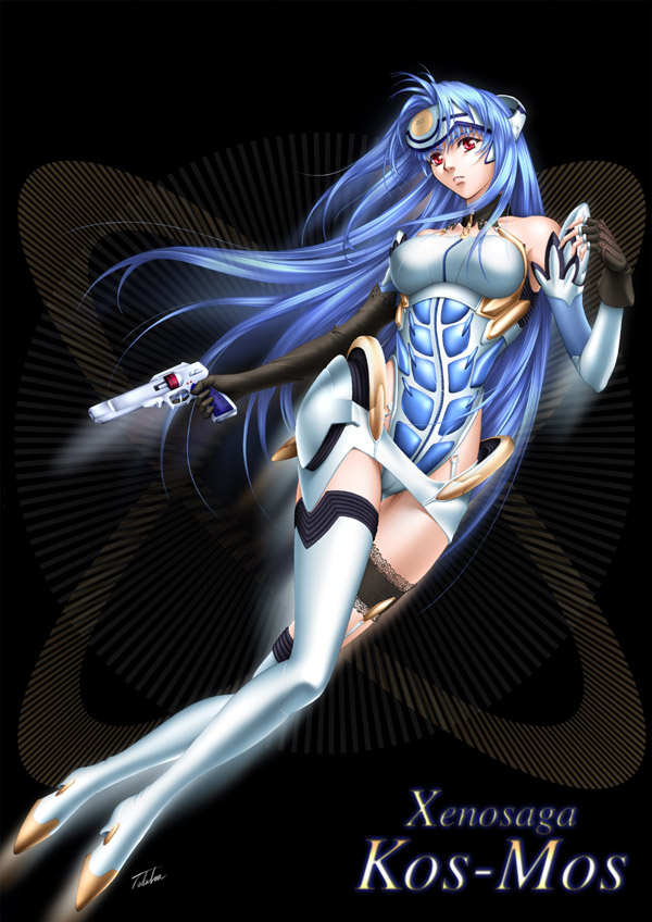 takatan, kos-mos, xenosaga, xenosaga episode i, 00s, 1girl, android, blue hair, boots, elbow gloves, female focus, fingerless gloves, gloves, gun, handgun, legwear garter, long hair, red eyes, revolver, solo, thigh boots, thighhighs, weapon