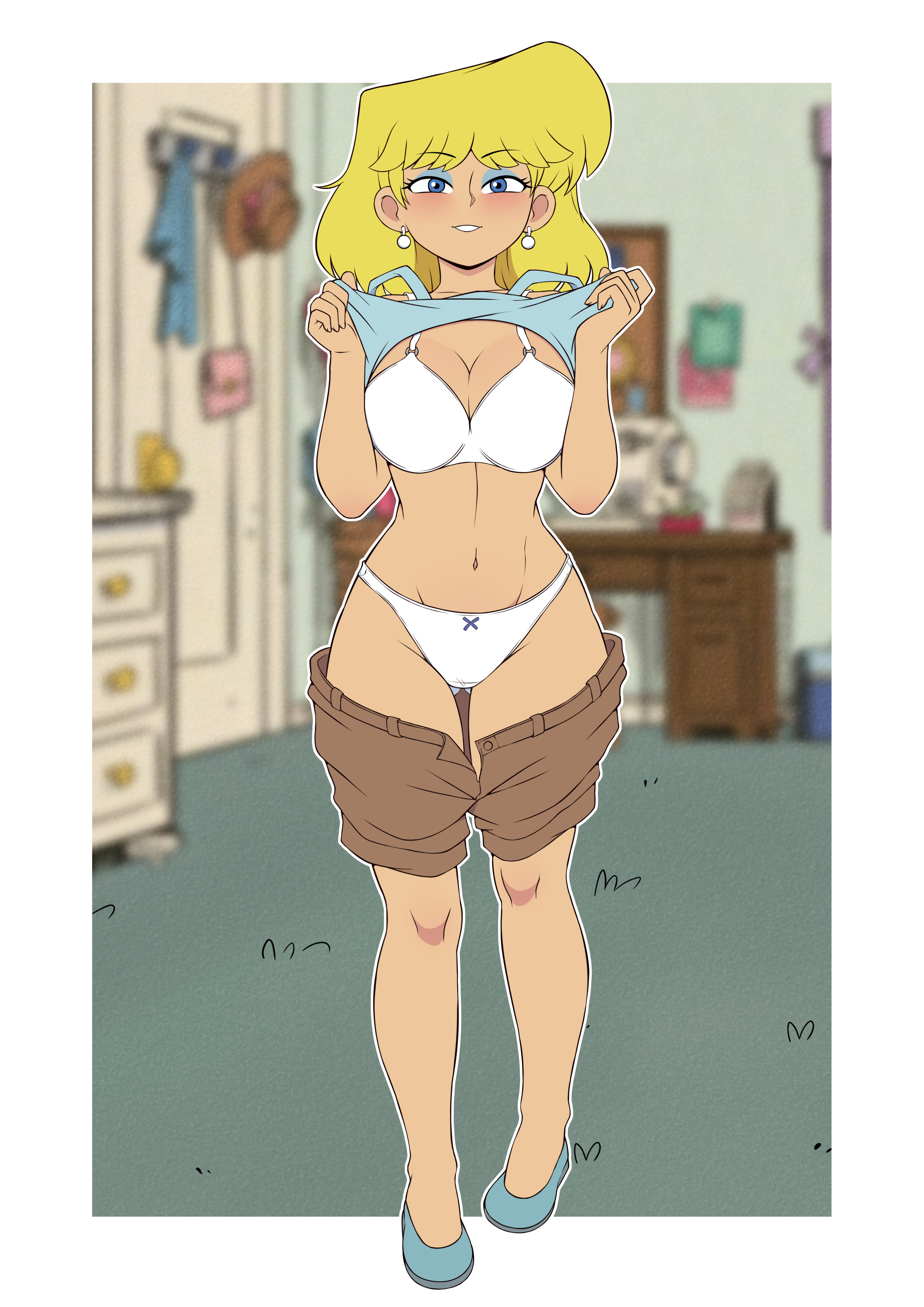 morfinared, lori loud, nickelodeon, the loud house, 1girl, bag, bedroom, blonde hair, blue bow, blue eyes, blue eyeshadow, blue shirt, blue shoes, blush, bow, bow panties, bra, breasts, brown hat, brown shorts, bulletin board, chest of drawers, cleavage, clothes lift, clothes pull, collarbone, crotch seam, desk, door, earrings, eyeshadow, grin, handbag, hat, jewelry, large breasts, looking at viewer, makeup, navel, open fly, panties, sewing machine, shirt, shirt lift, shoes, short hair, shorts, shorts pull, smile, standing, tank top, teeth, underwear, unworn hat, unworn headwear, white bra, white panties