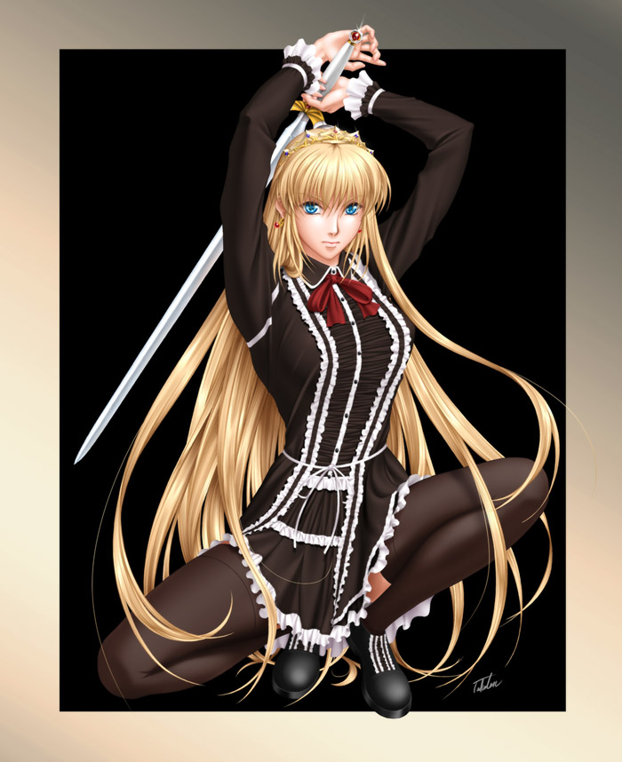 takatan, sharon (words worth), words worth, 1girl, blonde hair, blue eyes, dress, female focus, gradient background, long hair, solo, sword, thighhighs, very long hair, weapon
