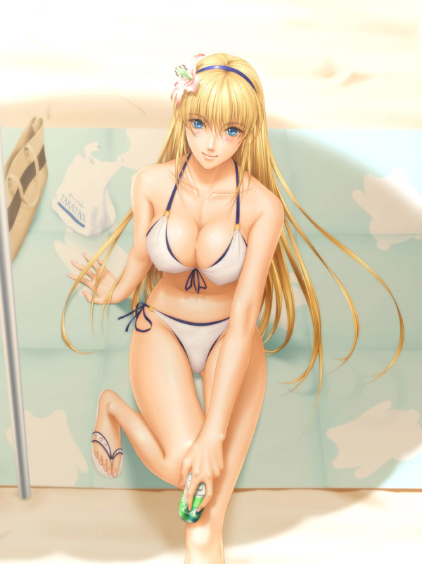 takatan, sharon (words worth), words worth, 1girl, arm support, artist name, bag, bare shoulders, bikini, blonde hair, blue eyes, blush, breasts, can, cleavage, collarbone, female focus, flip-flops, flower, front-tie top, hair flower, hair ornament, hairband, holding, long hair, looking at viewer, outdoors, sandals, shade, side-tie bikini bottom, sitting, smile, solo, swimsuit, very long hair, white bikini