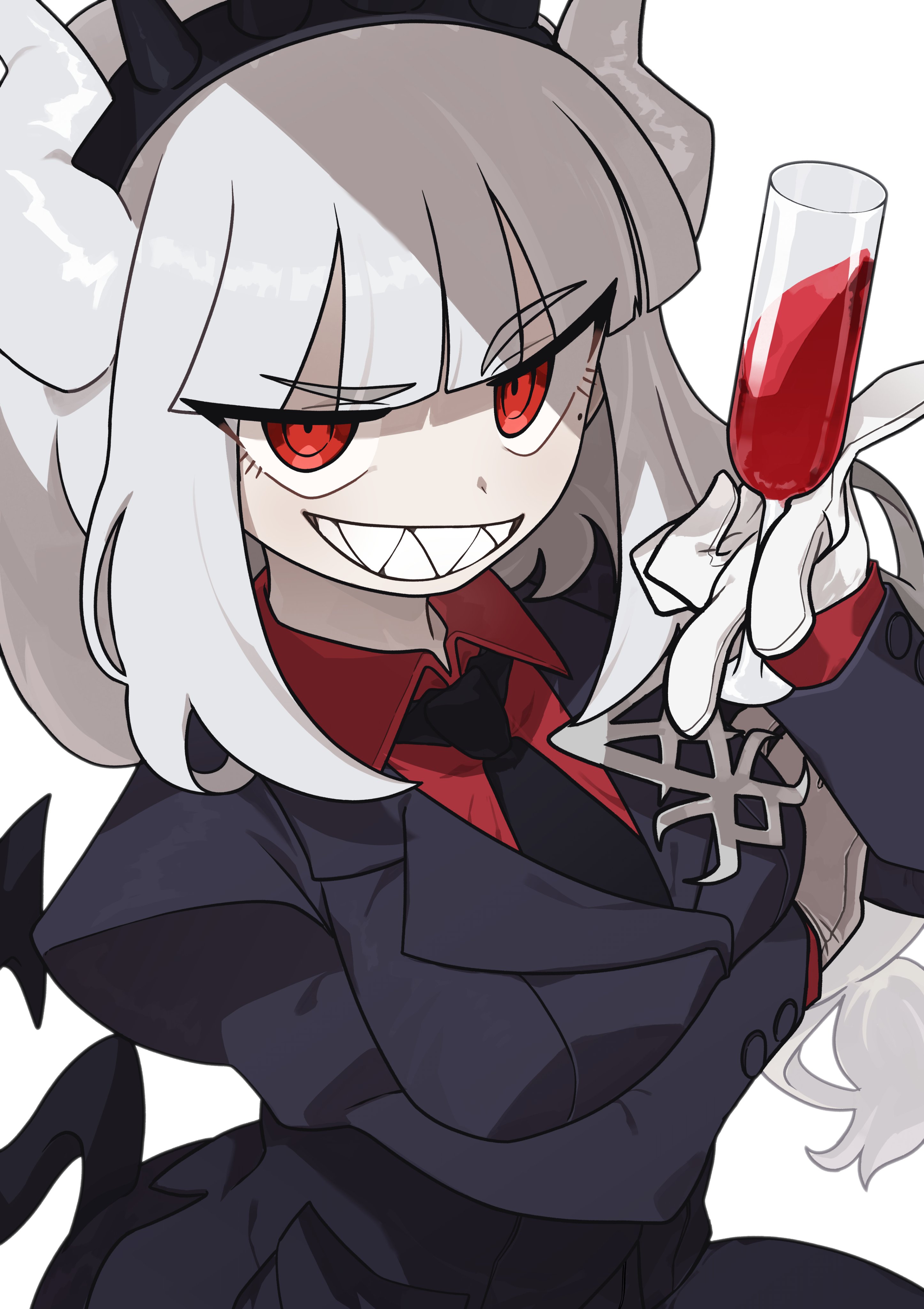 yuateheng, lucifer (helltaker), helltaker, absurdres, highres, 1girl, alcohol, black necktie, breasts, cup, demon girl, demon horns, drink, drinking glass, female focus, formal clothes, gloves, grin, hairband, holding, holding drink, holding drinking glass, horns, long hair, long sleeves, looking at viewer, necktie, red eyes, red shirt, red wine, sharp teeth, shirt, sidelocks, simple background, smile, solo, spiked hairband, spikes, teeth, very long hair, white background, white gloves, white hair, wine, wine glass