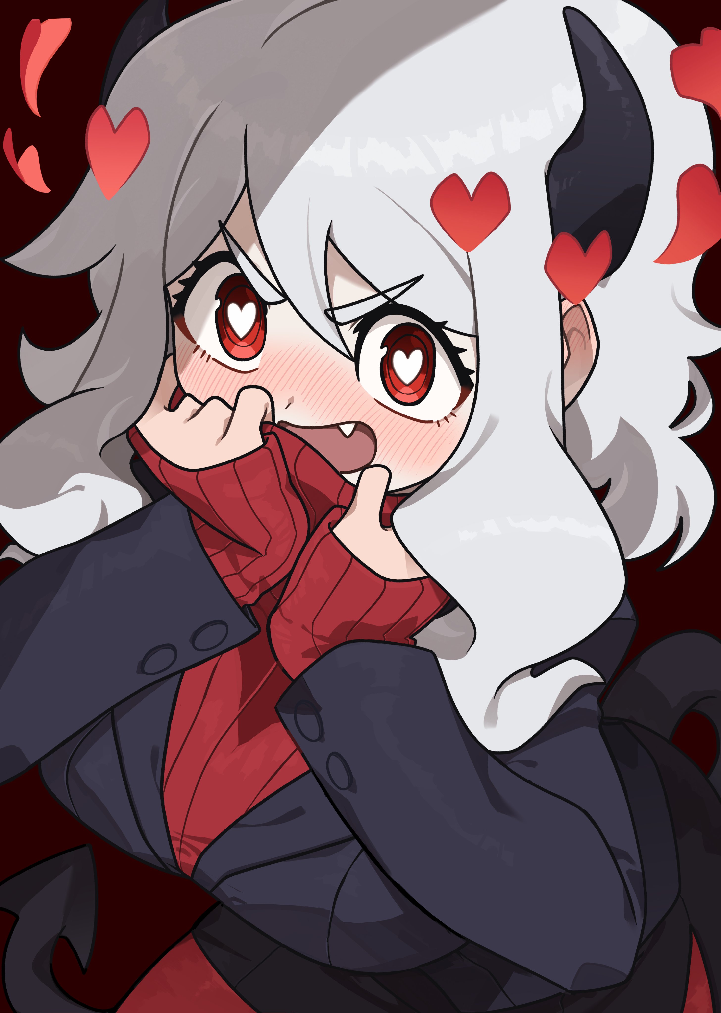 yuateheng, modeus (helltaker), helltaker, absurdres, highres, 1girl, blush, breasts, demon girl, demon horns, demon tail, female focus, formal clothes, hair between eyes, heart, heart-shaped pupils, horns, large breasts, long hair, looking at viewer, open mouth, pantyhose, red background, red eyes, red pantyhose, red sweater, ribbed sweater, sidelocks, simple background, solo, sweater, symbol-shaped pupils, tail, turtleneck, turtleneck sweater, white hair