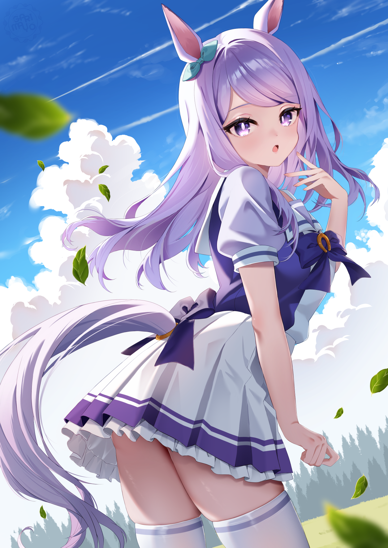 garimayo, mejiro mcqueen (umamusume), umamusume, highres, 1girl, animal ears, aqua bow, blush, bow, bright pupils, ear bow, ear ribbon, horse ears, horse girl, horse tail, long hair, long sleeves, looking at viewer, open mouth, outdoors, purple eyes, purple hair, purple shirt, sailor collar, sailor shirt, school uniform, shirt, skirt, solo, tail, thighhighs, tracen school uniform, white pupils, white skirt, white thighhighs