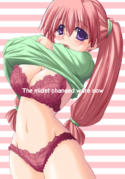 artist request, character request, copyright request, 1girl, blush, bra, breasts, cleavage, female focus, glasses, green shirt, lace, lace-trimmed bra, lace-trimmed panties, lace trim, large breasts, lingerie, long hair, long sleeves, looking at viewer, navel, open mouth, panties, purple eyes, red bra, red hair, red panties, removing shirt, shirt, solo, striped background, twintails, underwear, undressing, white background