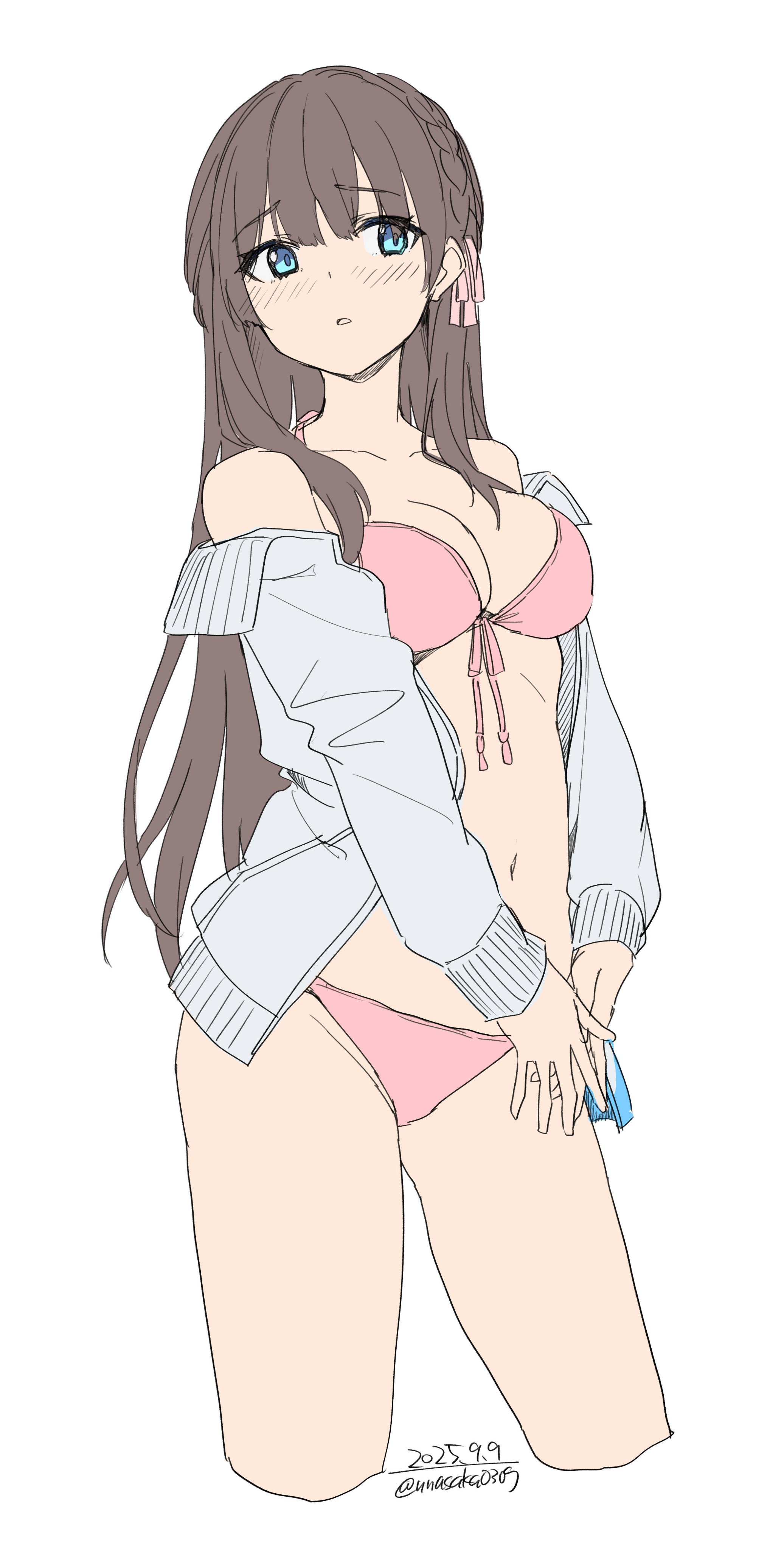 unasaka ryou, original, absurdres, highres, 1girl, bare shoulders, bikini, blue eyes, braid, breasts, brown hair, cleavage, collarbone, hair ribbon, jacket, long hair, medium breasts, navel, open clothes, open jacket, parted lips, pink bikini, ribbon, simple background, solo, stomach, swimsuit, white background, white jacket