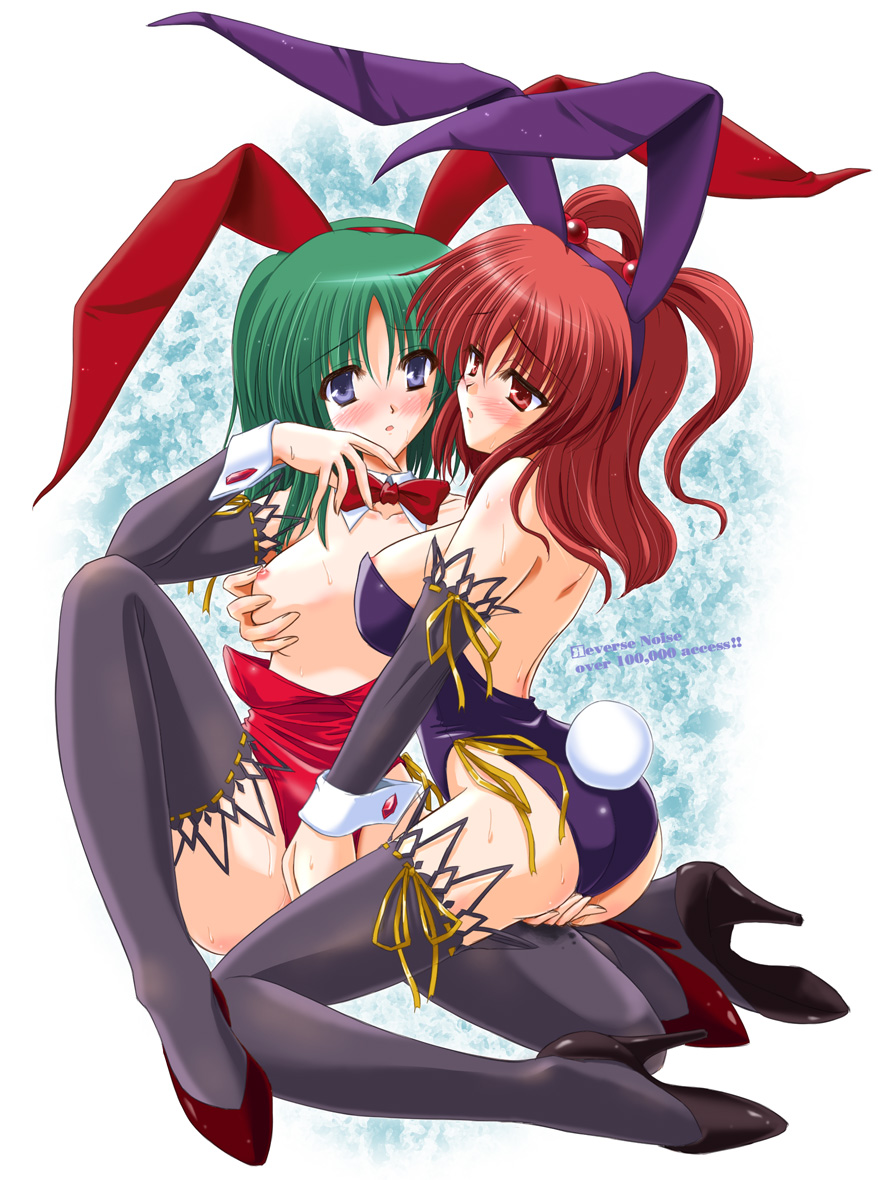 yamu (reverse noise), onozuka komachi, shiki eiki, touhou, 2girls, animal ears, breasts, female focus, fingering, grabbing another's breast, groping, leotard, masturbation, multiple girls, mutual fingering, mutual masturbation, playboy bunny, pussy juice, rabbit ears, red hair, thighhighs, yuri