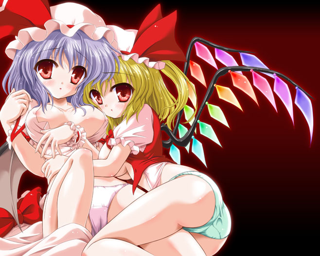 yamu (reverse noise), flandre scarlet, remilia scarlet, touhou, 2girls, bat wings, breasts, female focus, multiple girls, no pants, panties, rainbow order, siblings, sisters, underwear, wings