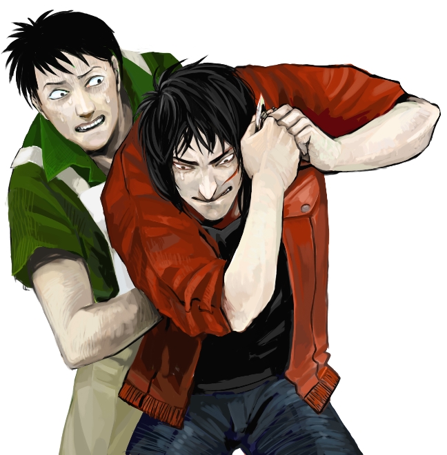 itou kaiji, kaiji, 2boys, :o, cowboy shot, denim, jacket, jeans, leaning forward, long sleeves, multiple boys, open clothes, open jacket, open mouth, overalls, pants, shirt, simple background, sleeves pushed up, surprised, t-shirt, teeth, white background, wide-eyed