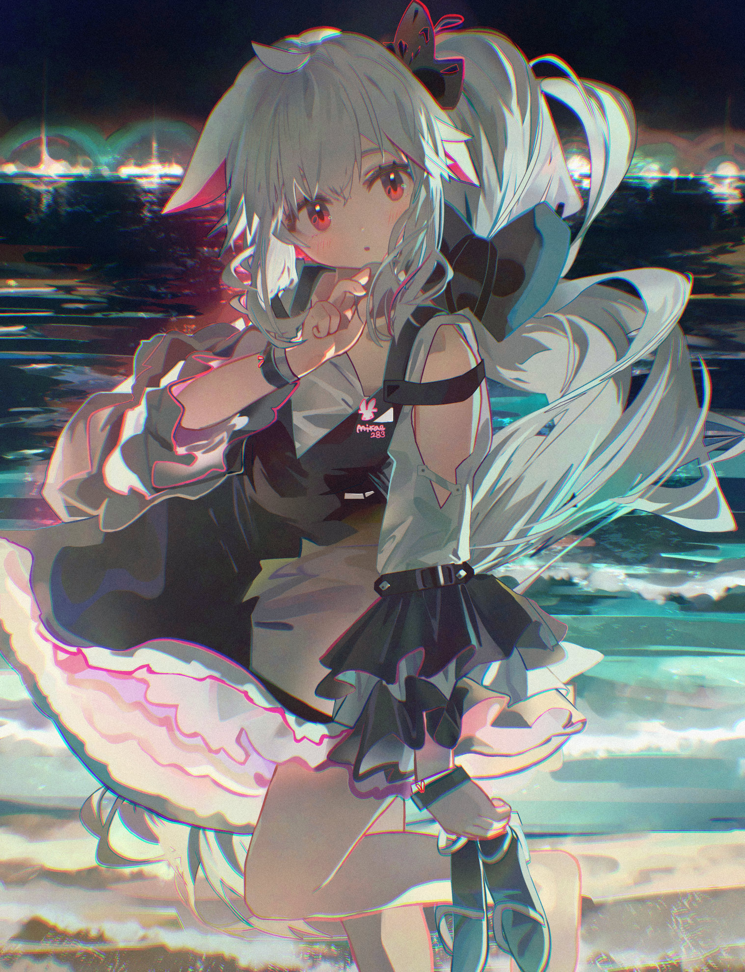 mirae283, original, highres, korean commentary, 1girl, :o, animal ears, beach, black bow, black dress, blush, bow, bracelet, chromatic aberration, clothing cutout, dress, grey hair, hair bow, hand up, jewelry, long hair, long sleeves, looking at viewer, night, ocean, outdoors, parted lips, ponytail, red eyes, shoulder cutout, solo, very long hair, water, white hair, wristband