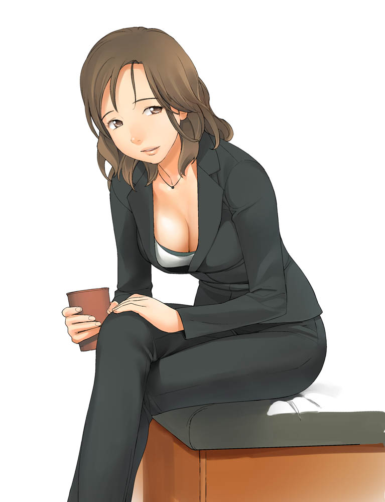 a1 (initial-g), original, 1girl, breasts, brown eyes, brown hair, cleavage, collarbone, crossed legs, female focus, formal clothes, hanging breasts, leaning forward, long sleeves, looking at viewer, pants, simple background, solo, suit, white background