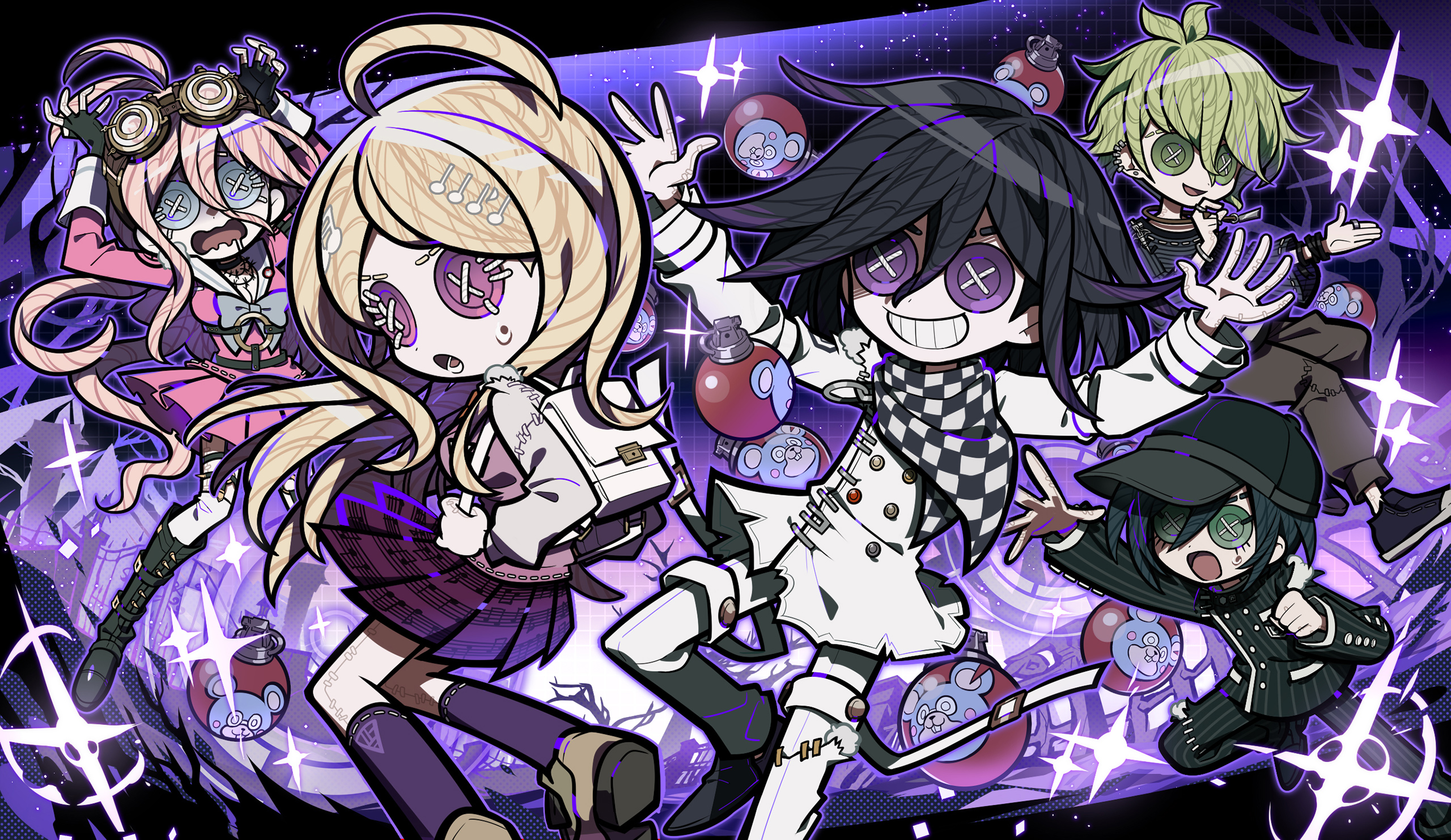sameyama jiro, akamatsu kaede, amami rantaro, iruma miu, oma kokichi, saihara shuichi, danganronpa (series), danganronpa v3: killing harmony, identity v, highres, official art, second-party source, 2girls, 3boys, ahoge, arm belt, arms up, black hair, blonde hair, button eyes, buttons, checkered clothes, checkered scarf, collared jacket, explosive, eyelashes, flipped hair, fortissimo, green hair, grenade, grin, hair between eyes, hair ornament, jacket, long hair, long sleeves, looking at viewer, medium hair, multicolored buttons, multiple boys, multiple girls, musical note, musical note hair ornament, musical note print, open mouth, pants, pink sweater vest, pinstripe jacket, pinstripe pattern, pleated skirt, purple hair, purple theme, scarf, shirt, short hair, skirt, smile, sparkle, sweat, sweater vest, teeth, two-tone scarf, white bag